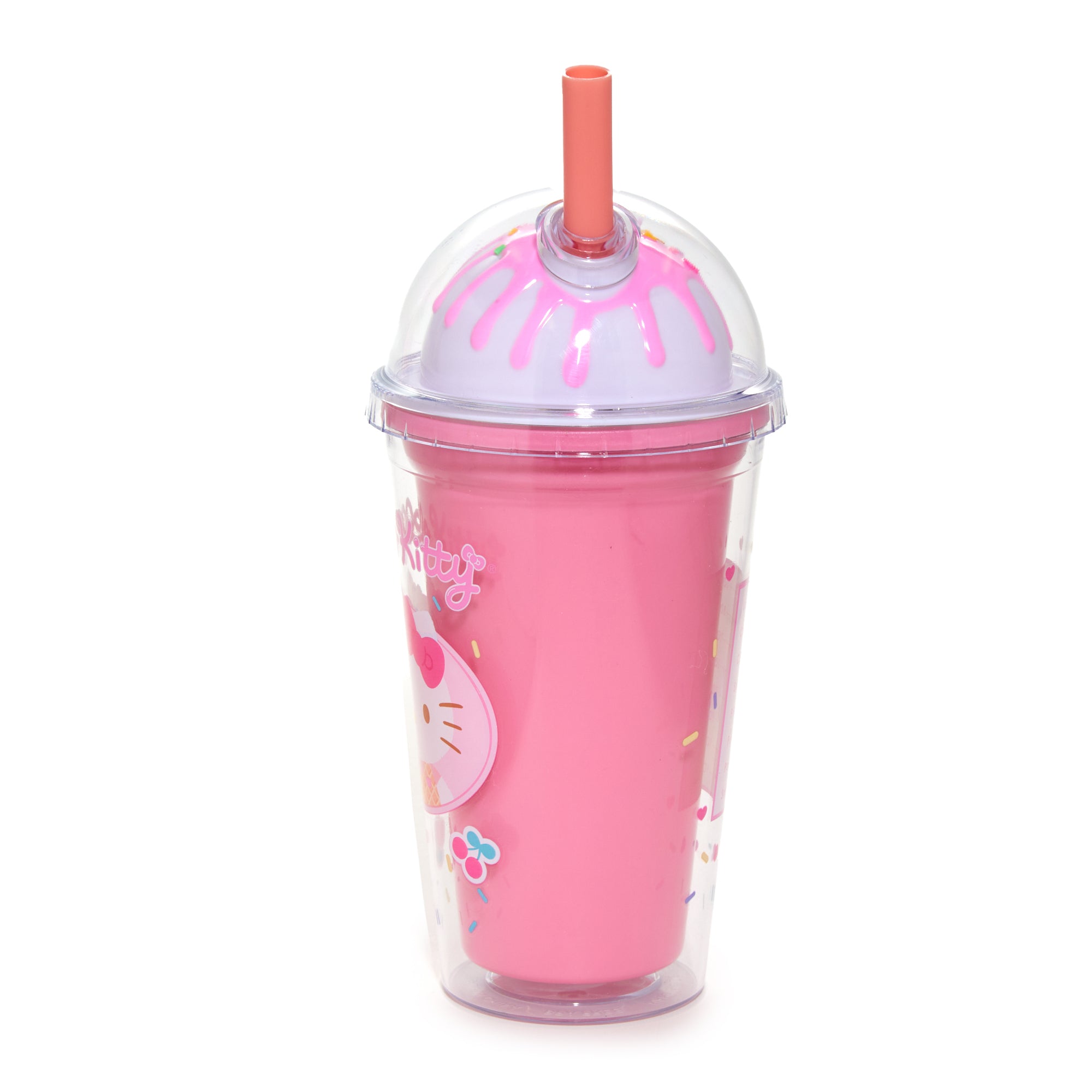 Close-up of the Hello Kitty graphic on the tumbler, showcasing the colorful and fun design.
