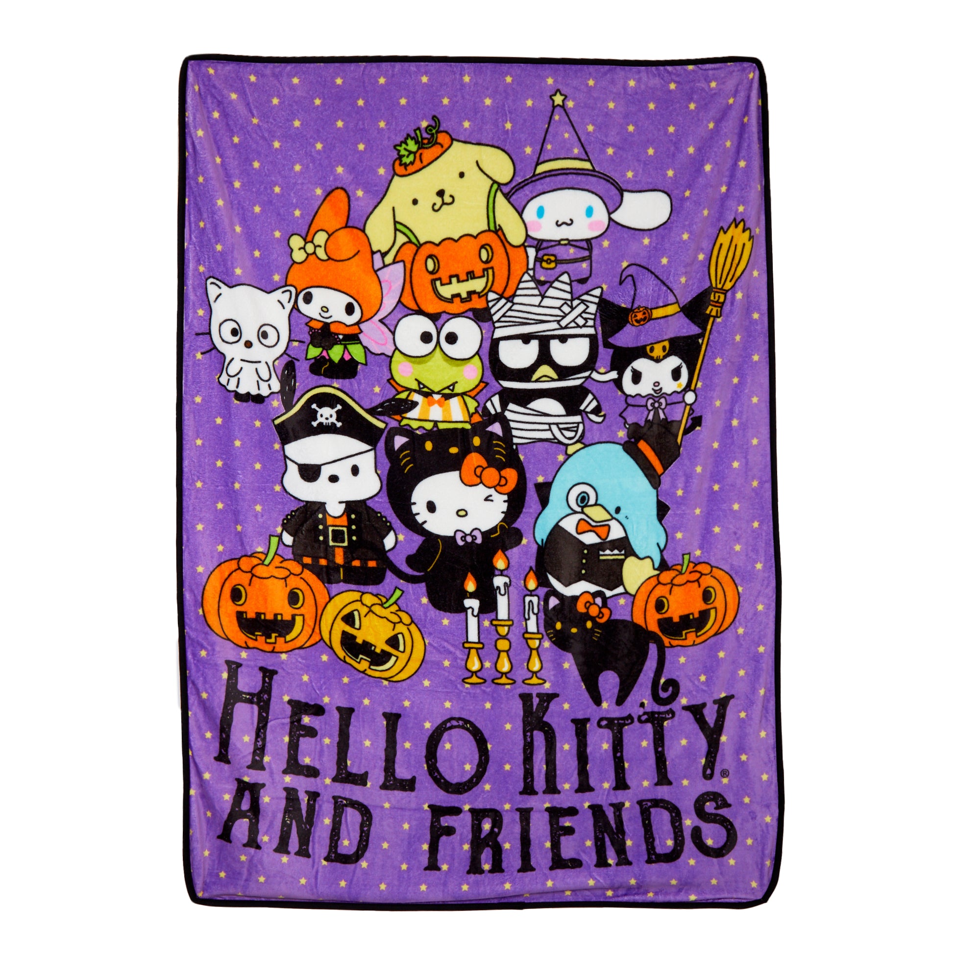 Hello Kitty throw blanket draped over a sofa for Halloween decor.