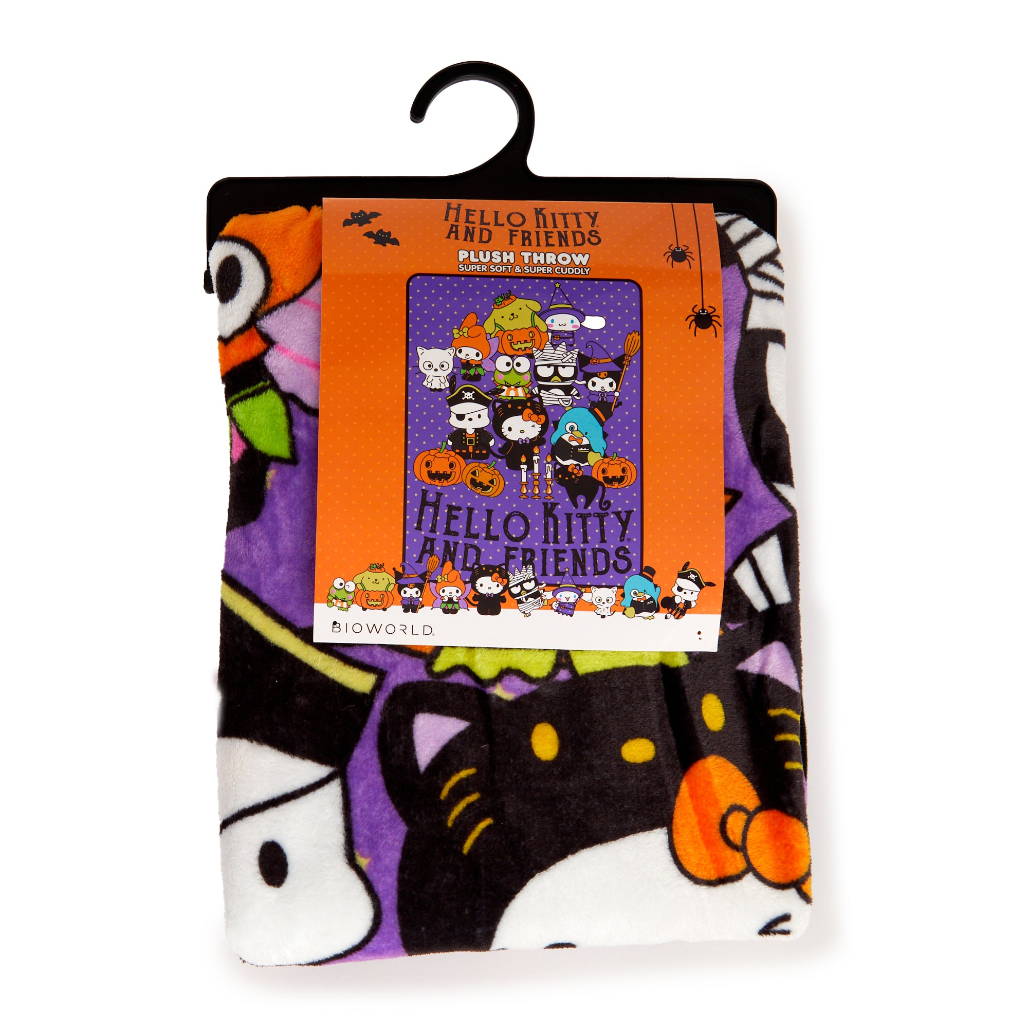 Hello Kitty throw blanket draped over a sofa for Halloween decor.