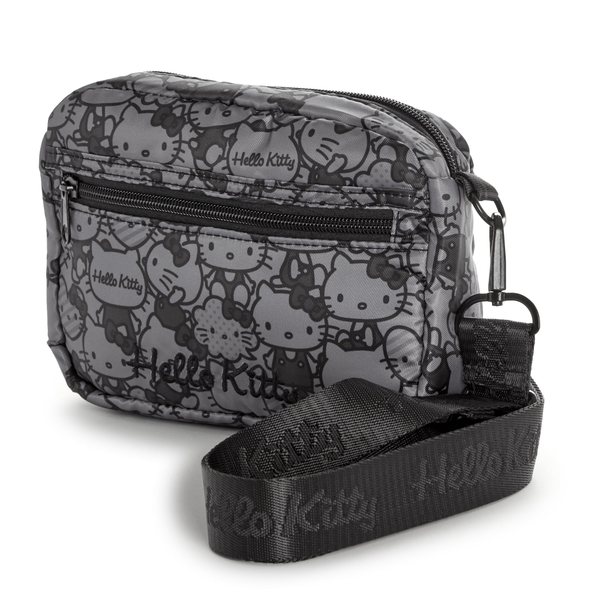 Side angle showing adjustable strap and zippered pocket on Hello Kitty bag