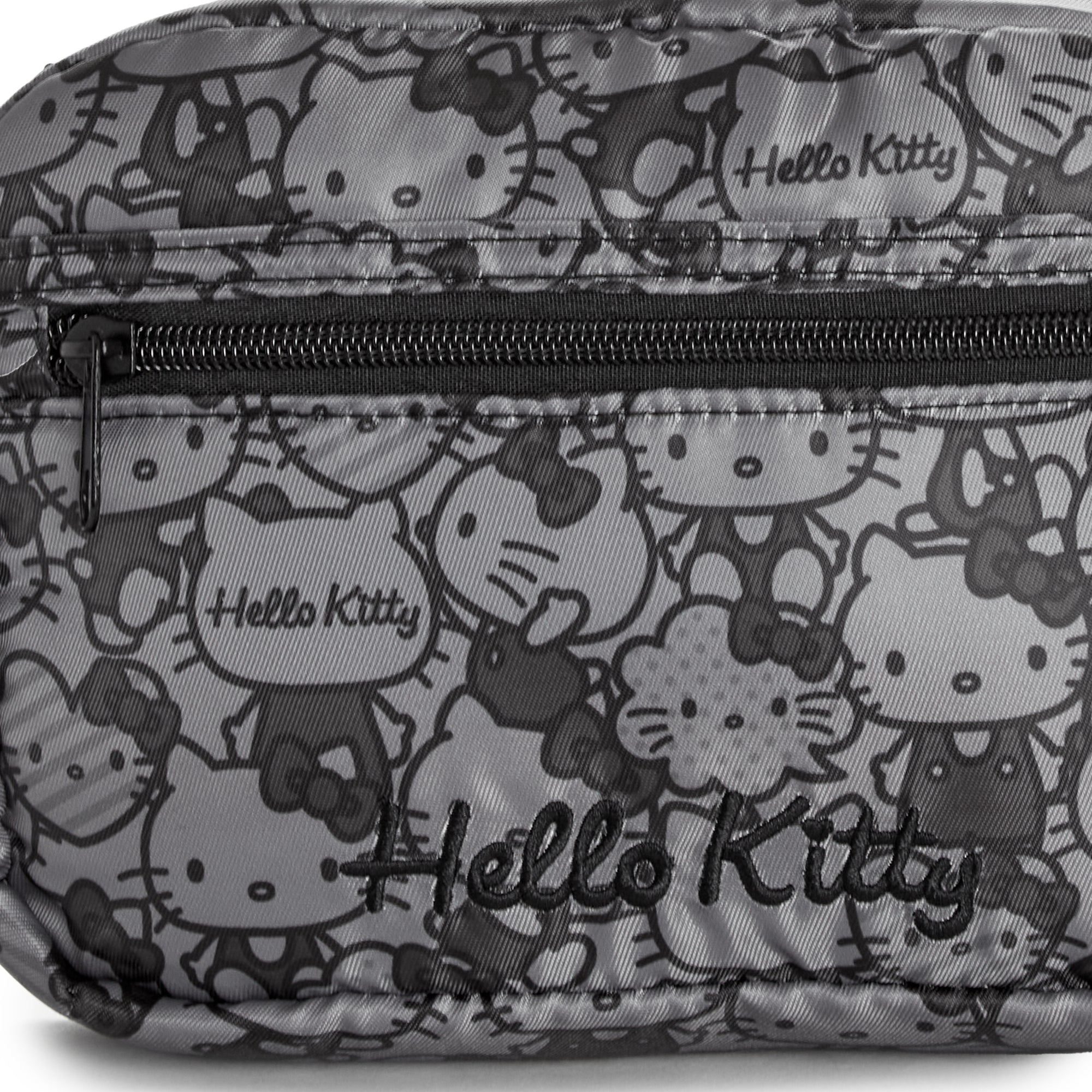 Front view of Hello Kitty crossbody bag with monochrome illustrations