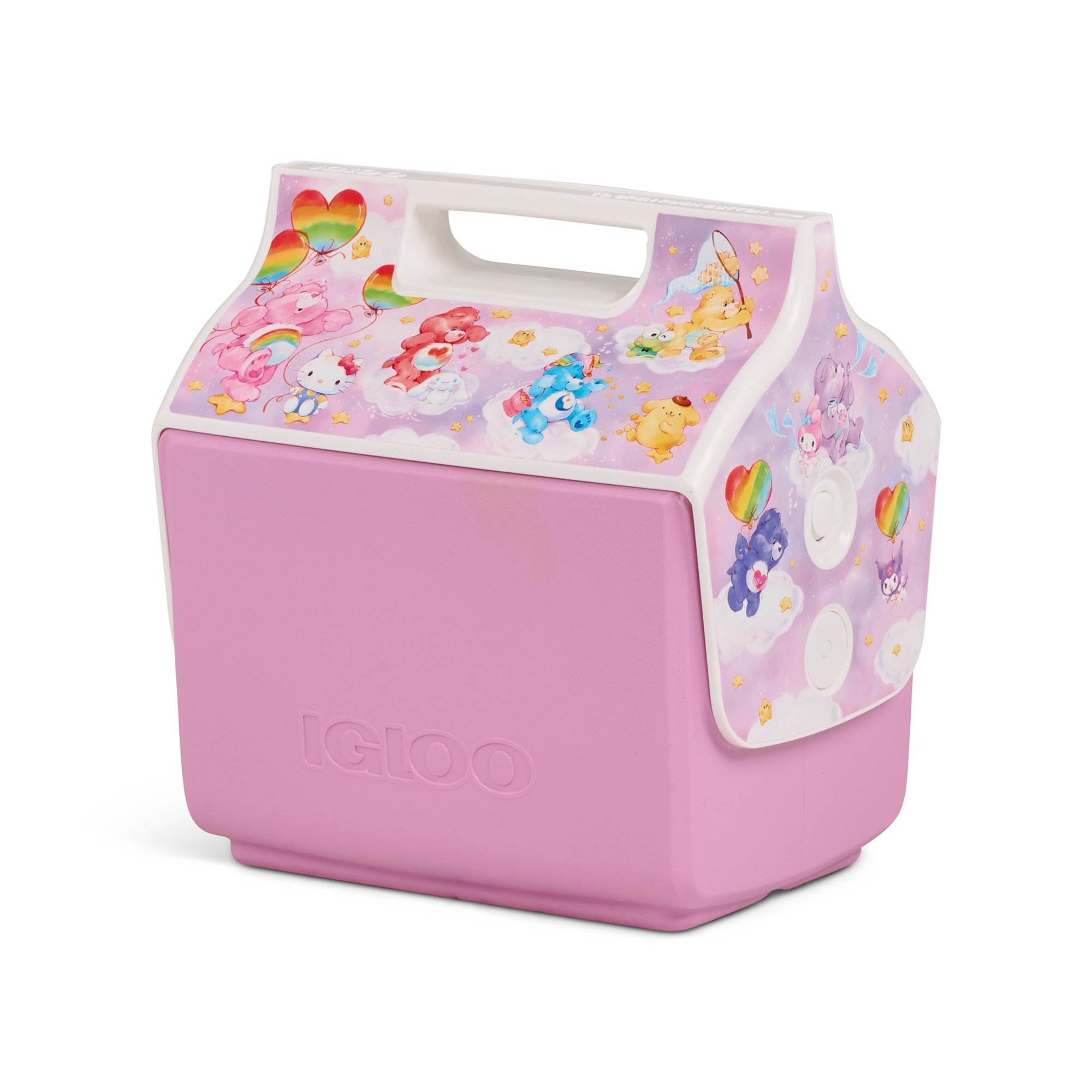 Front angle of Hello Kitty cooler showing colorful Care Bears artwork