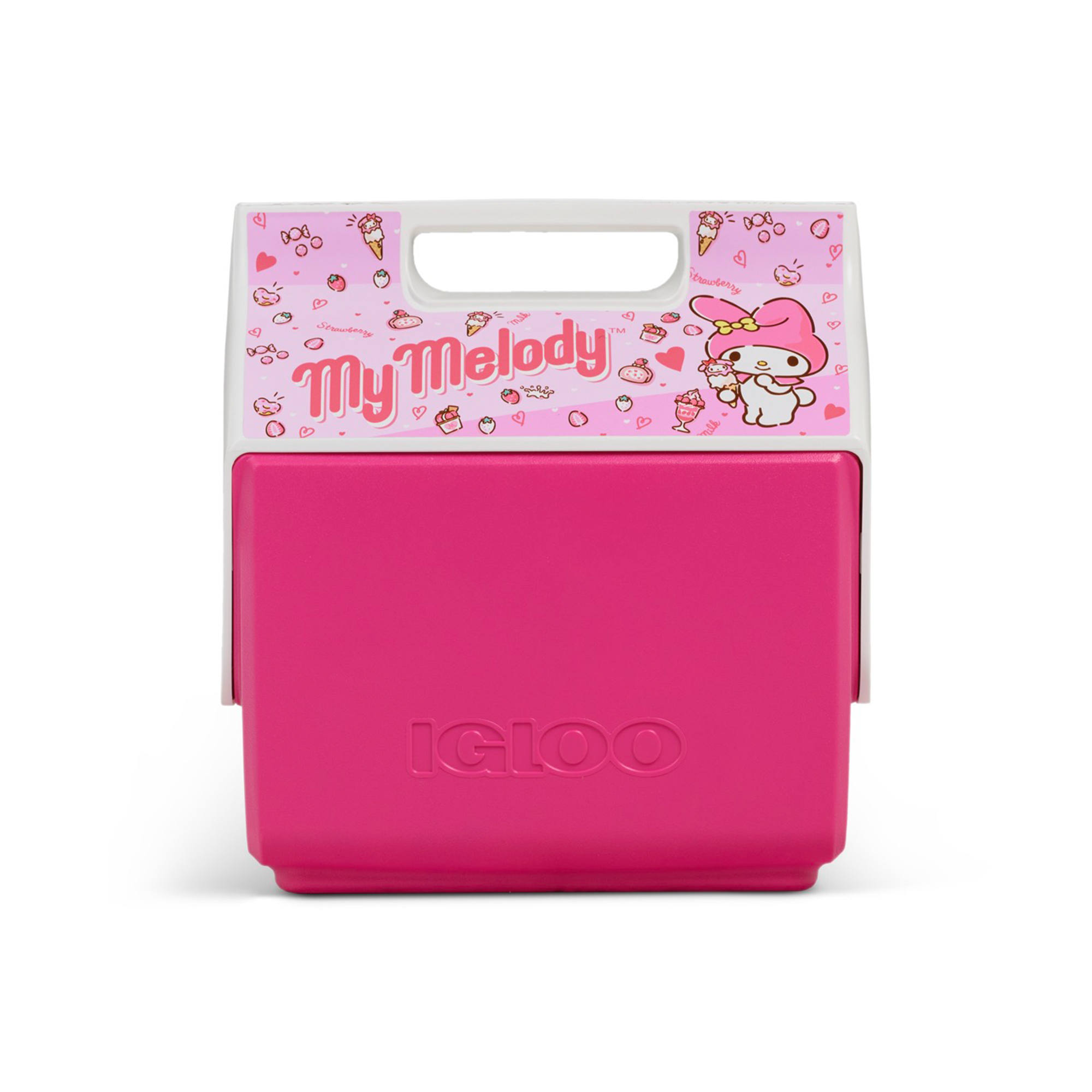 Front angle of the My Melody x Igloo cooler with colorful 50th anniversary artwork
