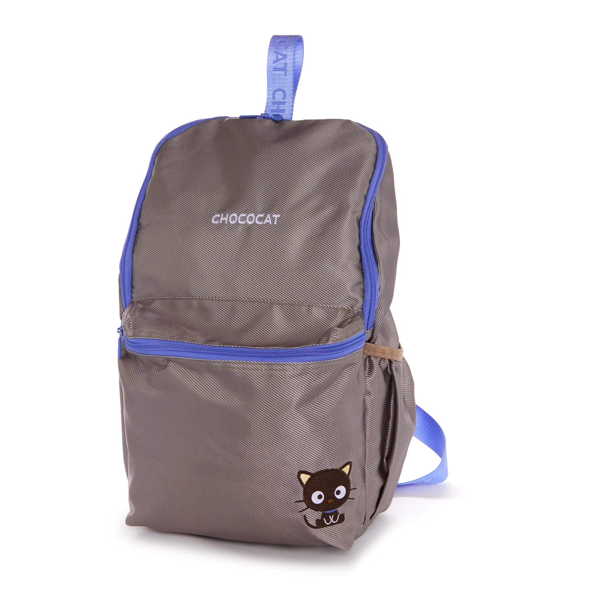 Chococat backpack front view with zippered pockets and ribbon logo