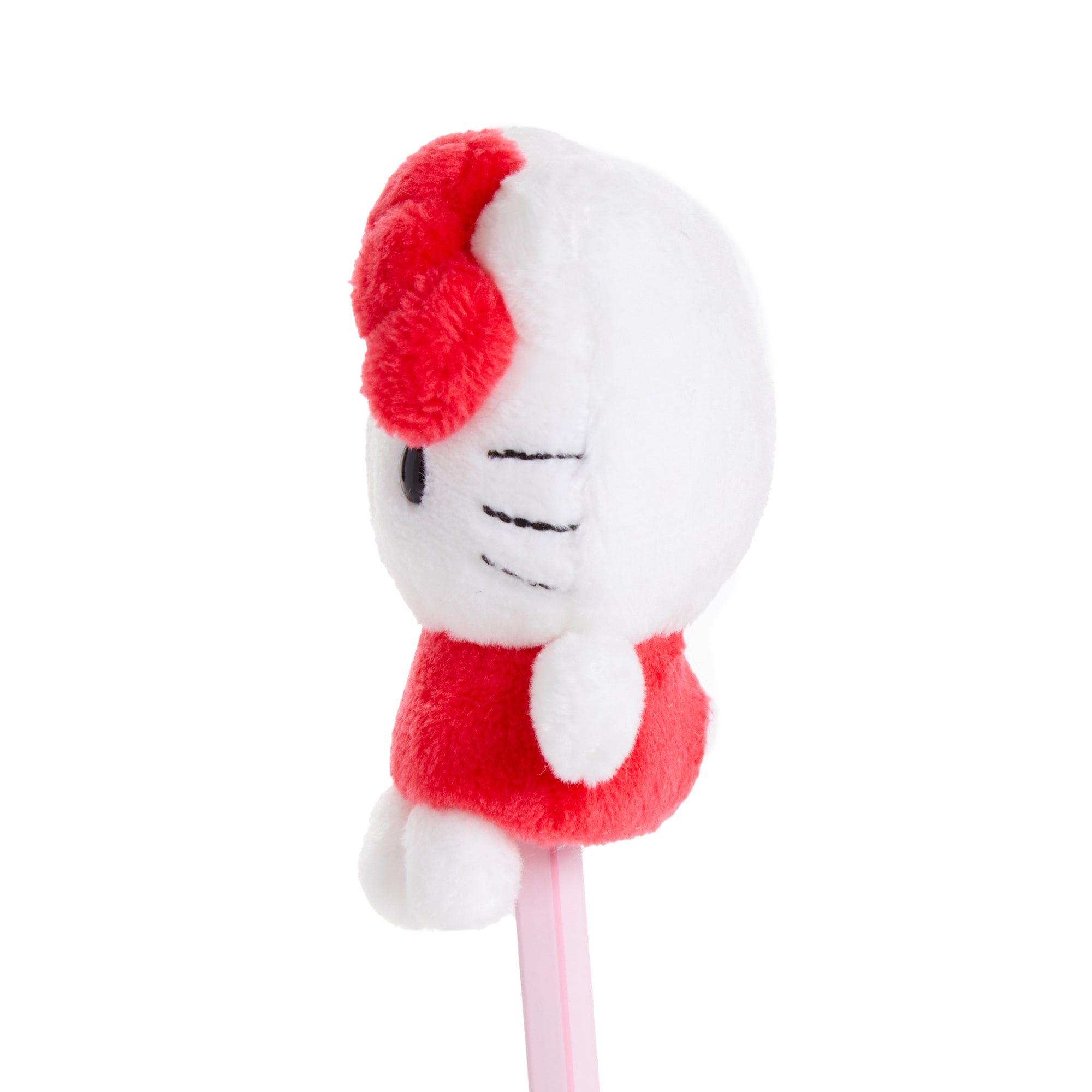 Close-up of Hello Kitty plush pencil topper showing embroidered bow and whiskers