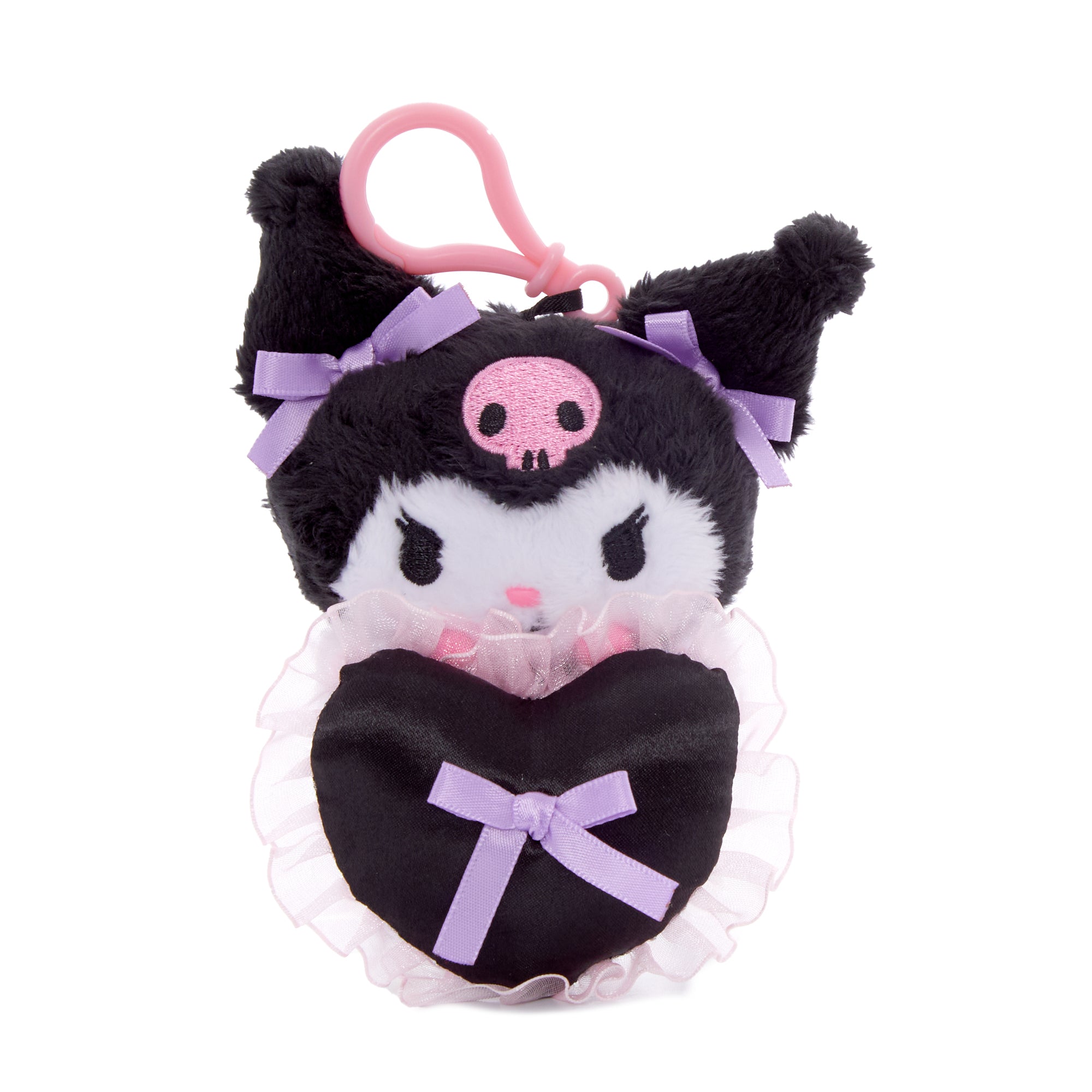 Detailed view of embroidered Kuromi mascot clip with ribbon accents