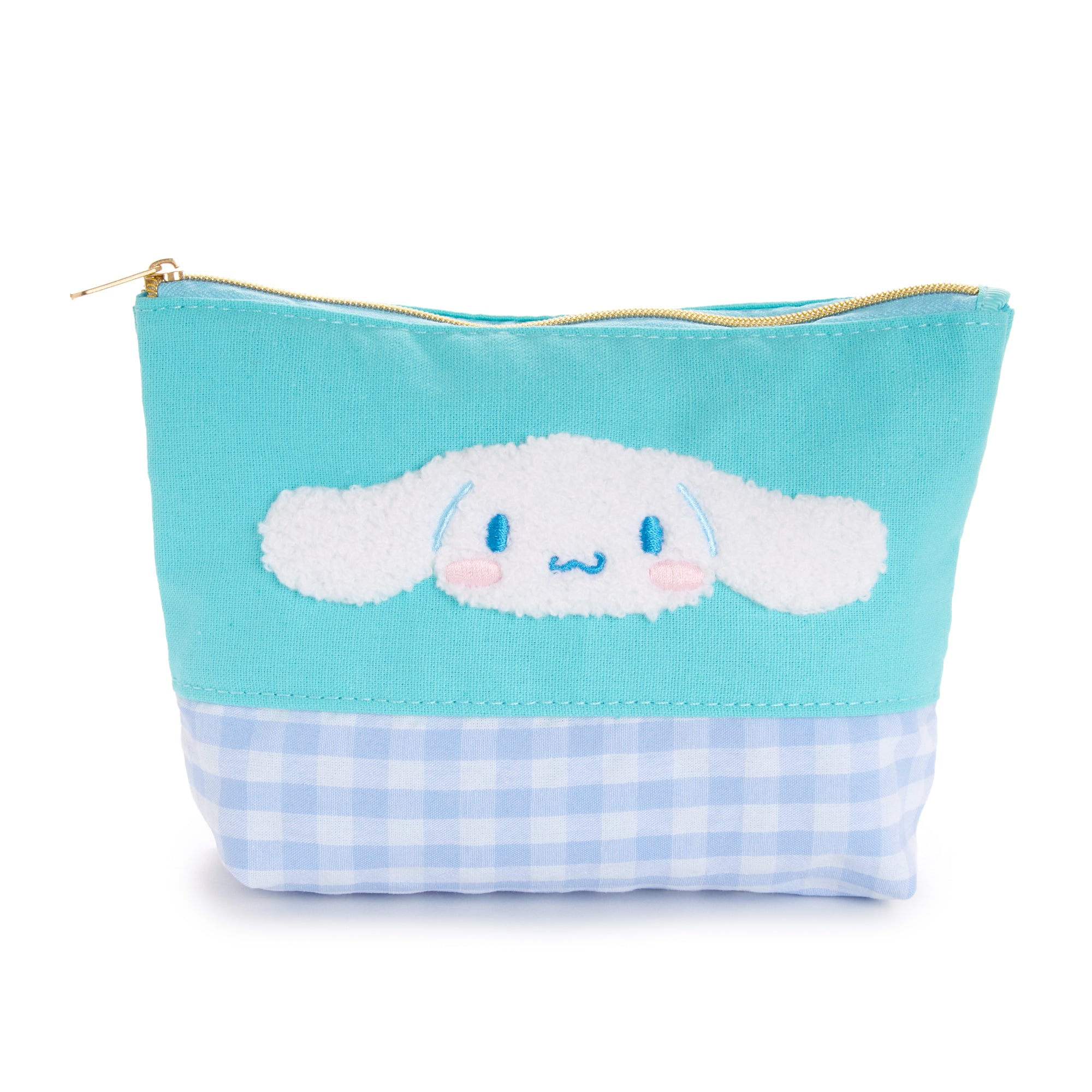 Front view of the Cinnamoroll gingham chenille zipper pouch.