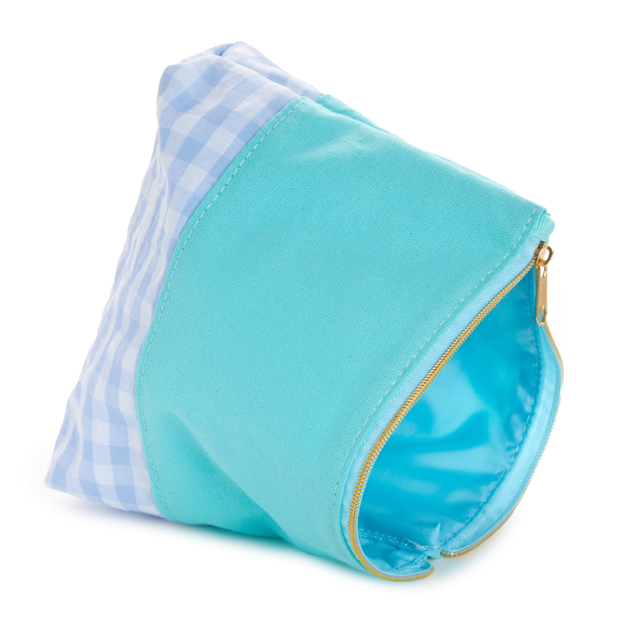 Cinnamoroll zipper pouch with vibrant gingham pattern and chenille patch.