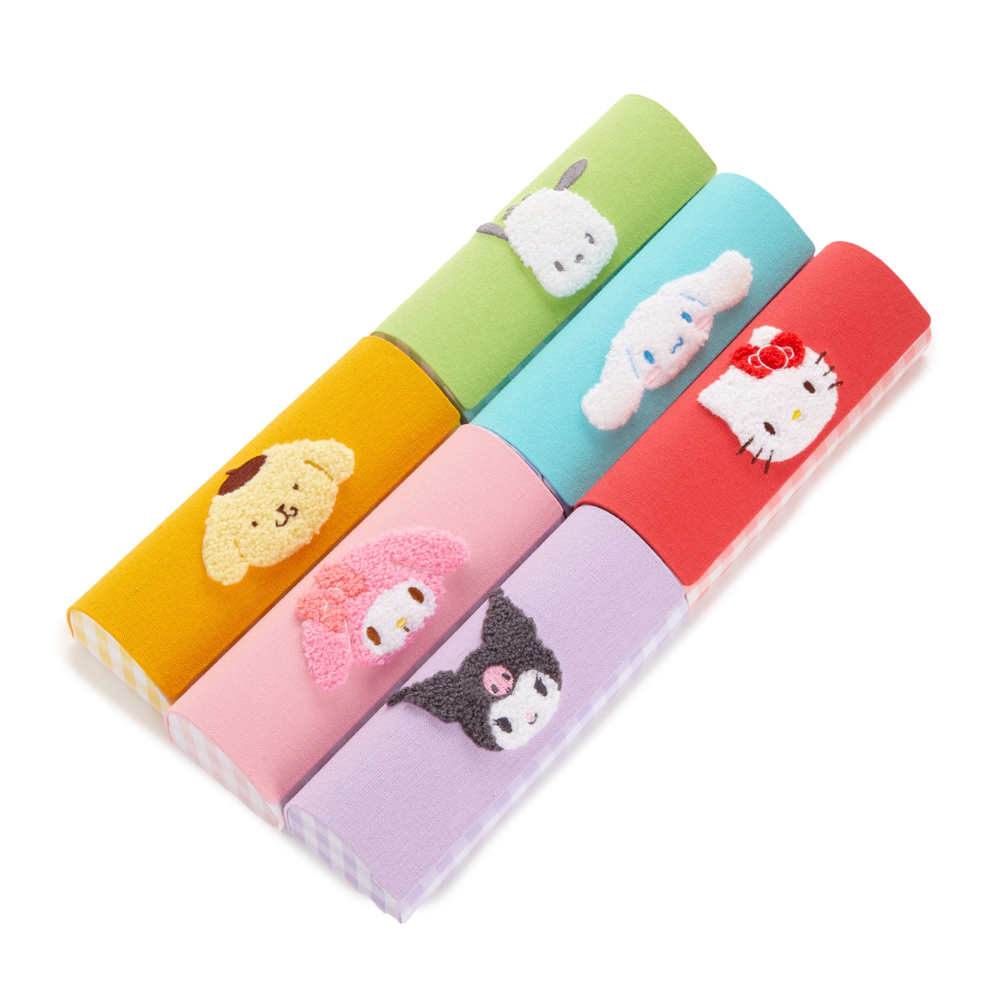 Hello Kitty glasses case open, showcasing the chenille appliqué and interior padding.