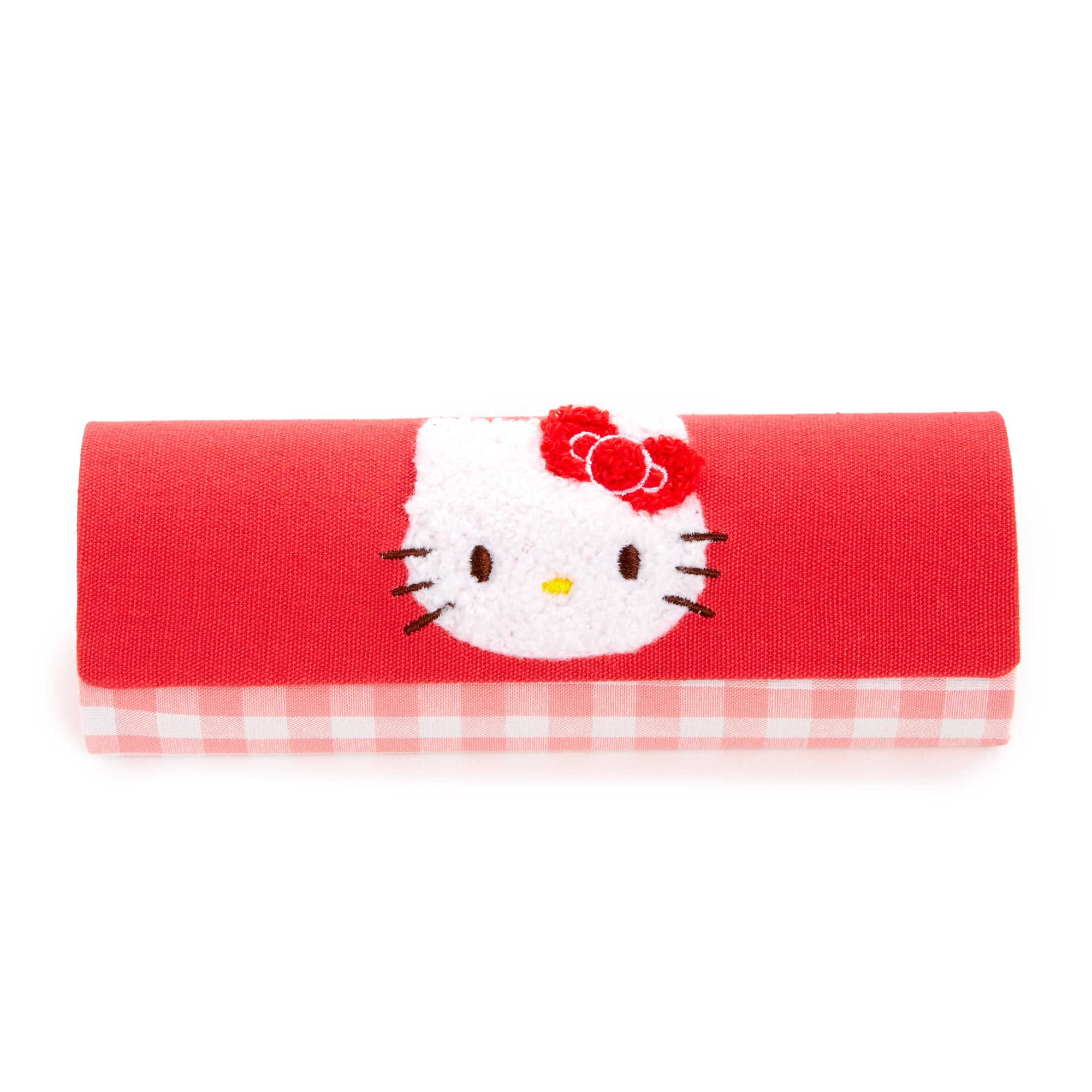 Close-up of Hello Kitty chenille patch on glasses case