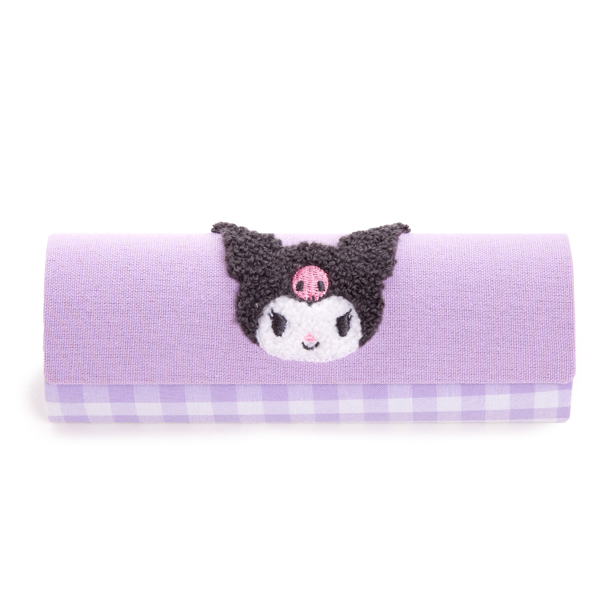 Kuromi eyewear case with chenille patch and gingham design, front view