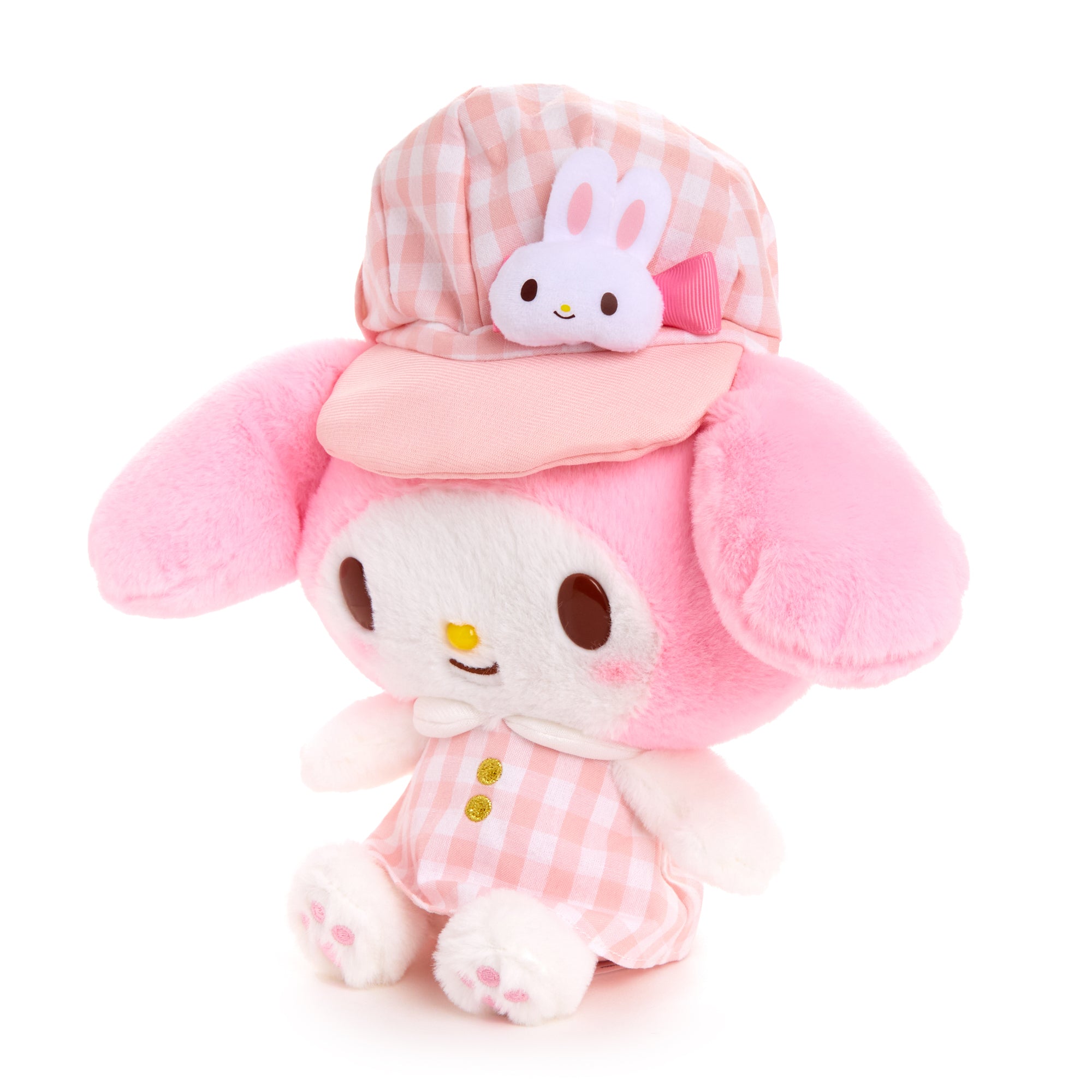 Cuddly My Melody Sanrio plush toy in gingham outfit, back view