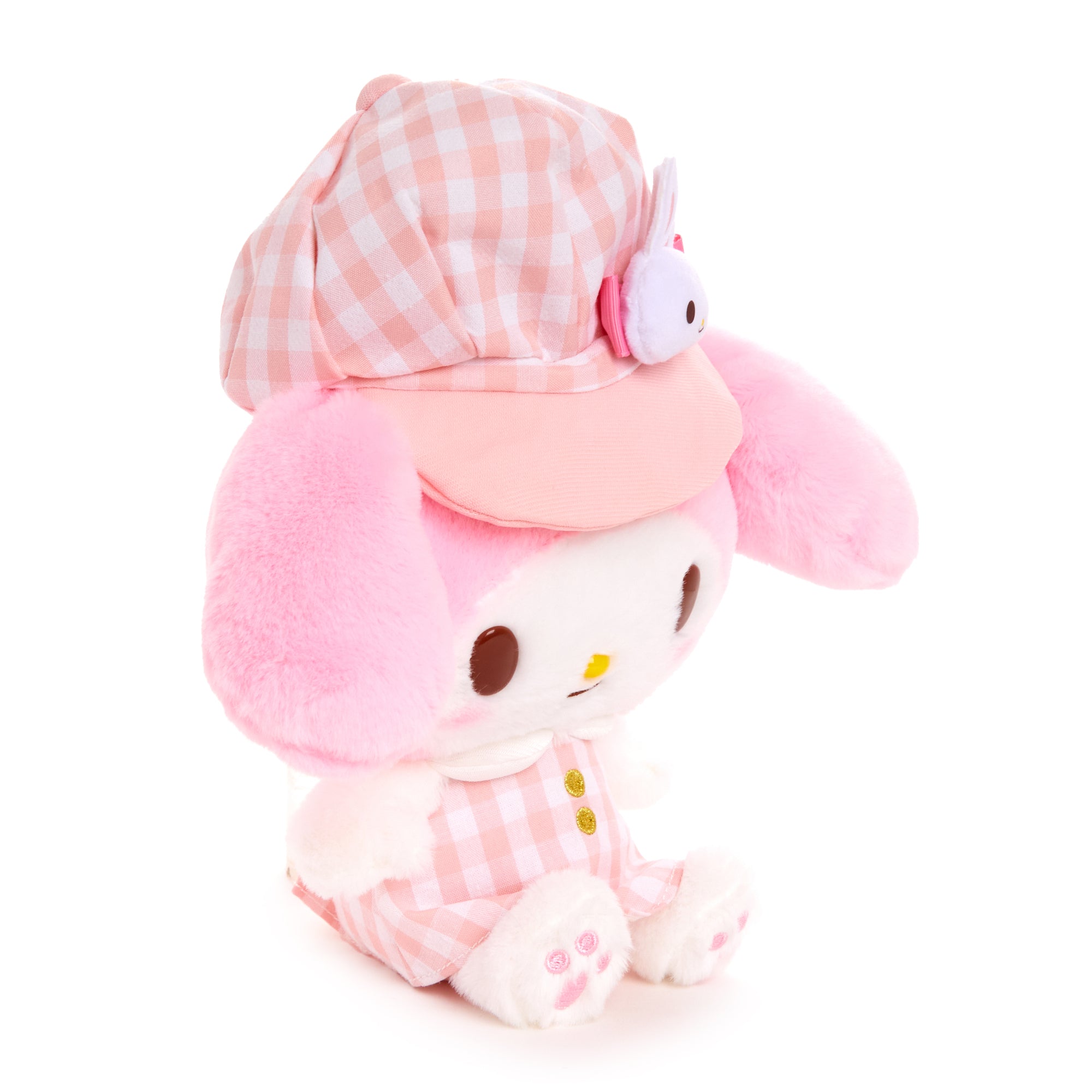 My Melody 8 inch plush toy in gingham cap and outfit, front view