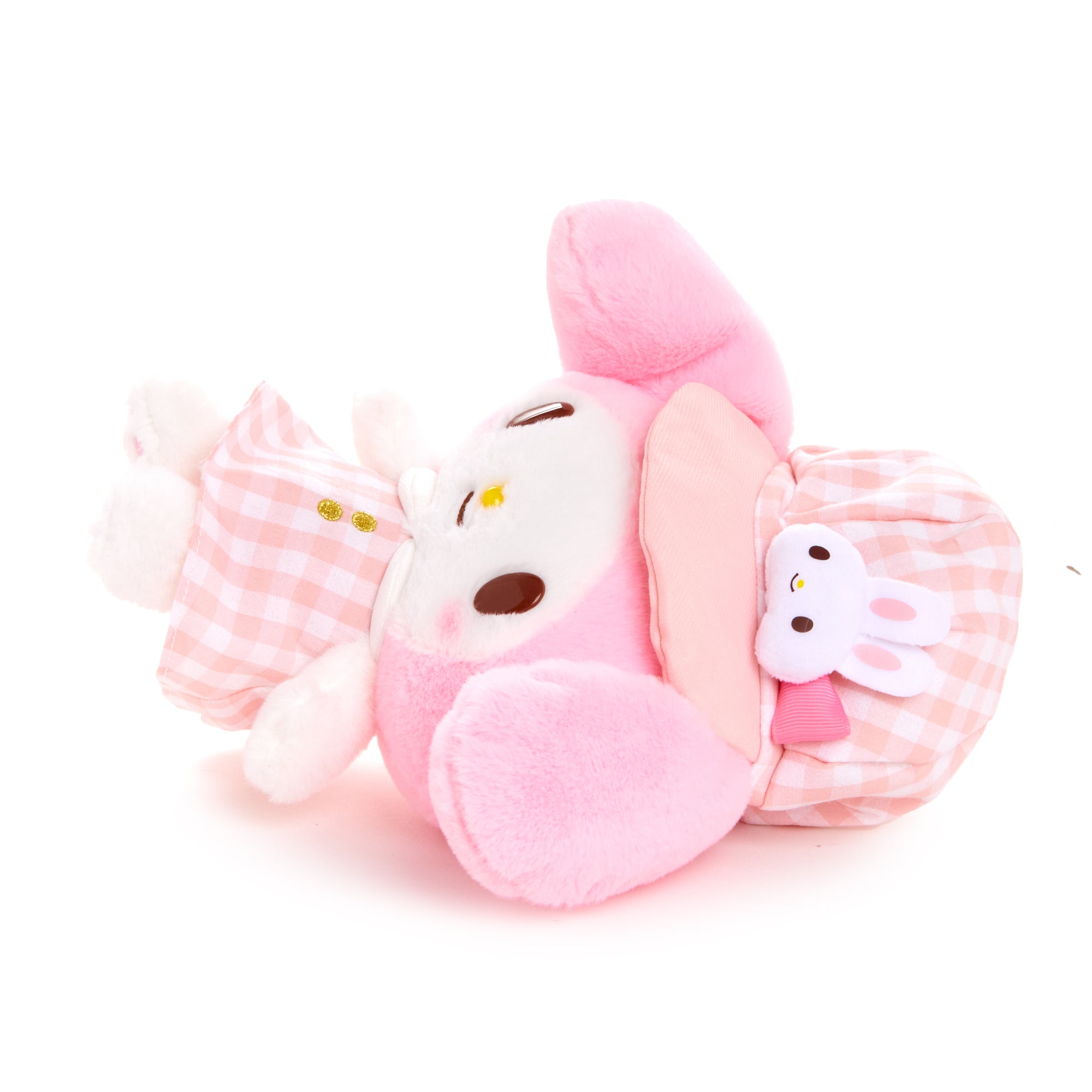 Soft My Melody plush toy with embroidered details and gingham hat, side view