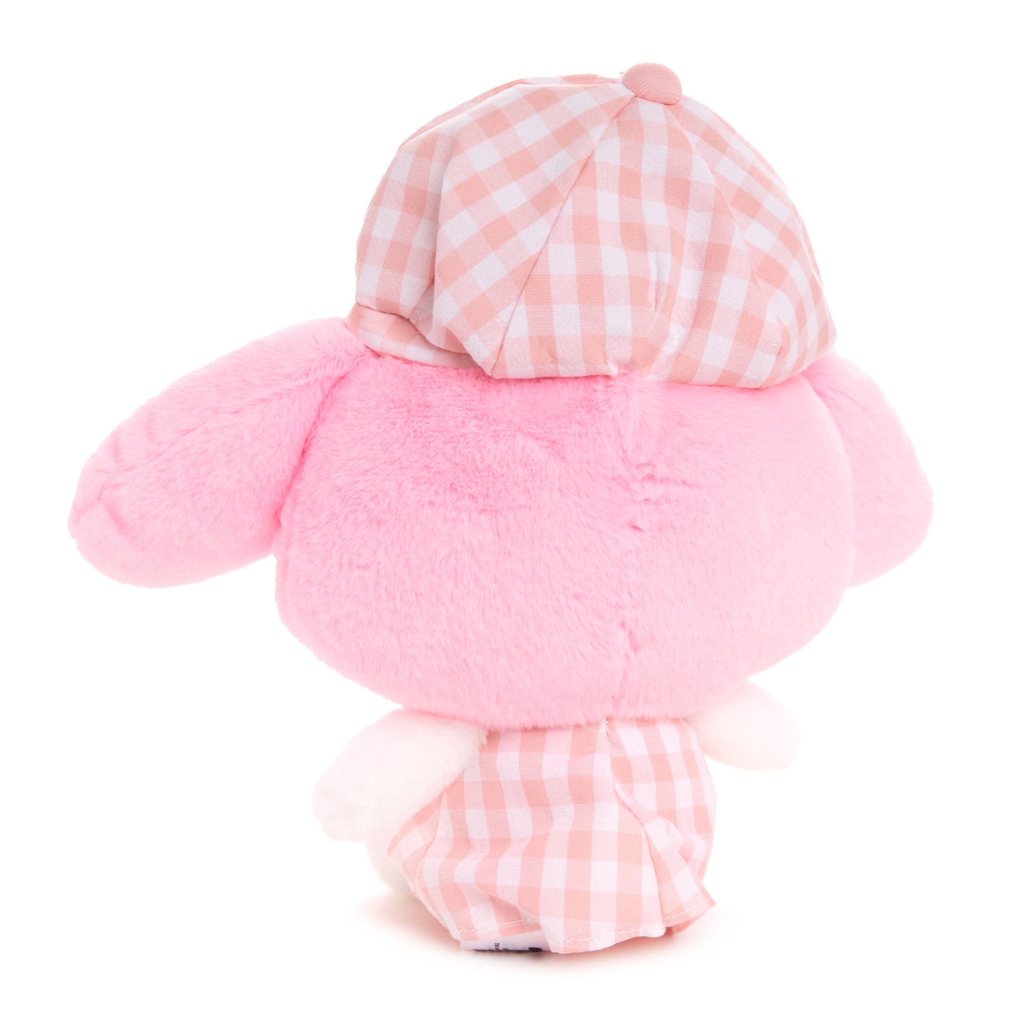 Cuddly My Melody Sanrio plush toy in gingham outfit, back view
