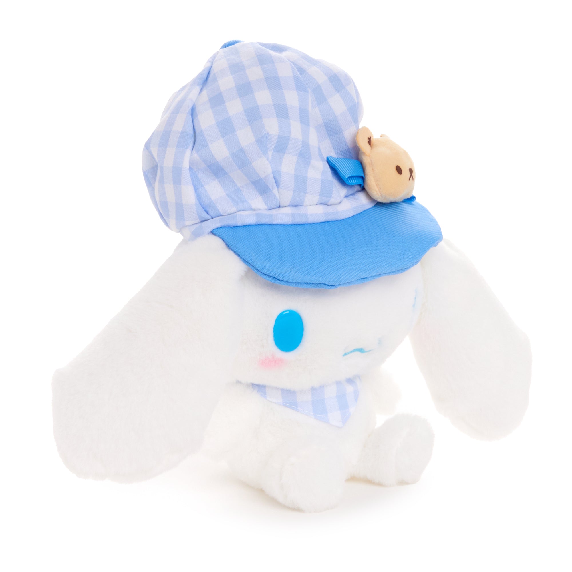 Cinnamoroll plush toy with gingham hat, side angle showing embroidered details