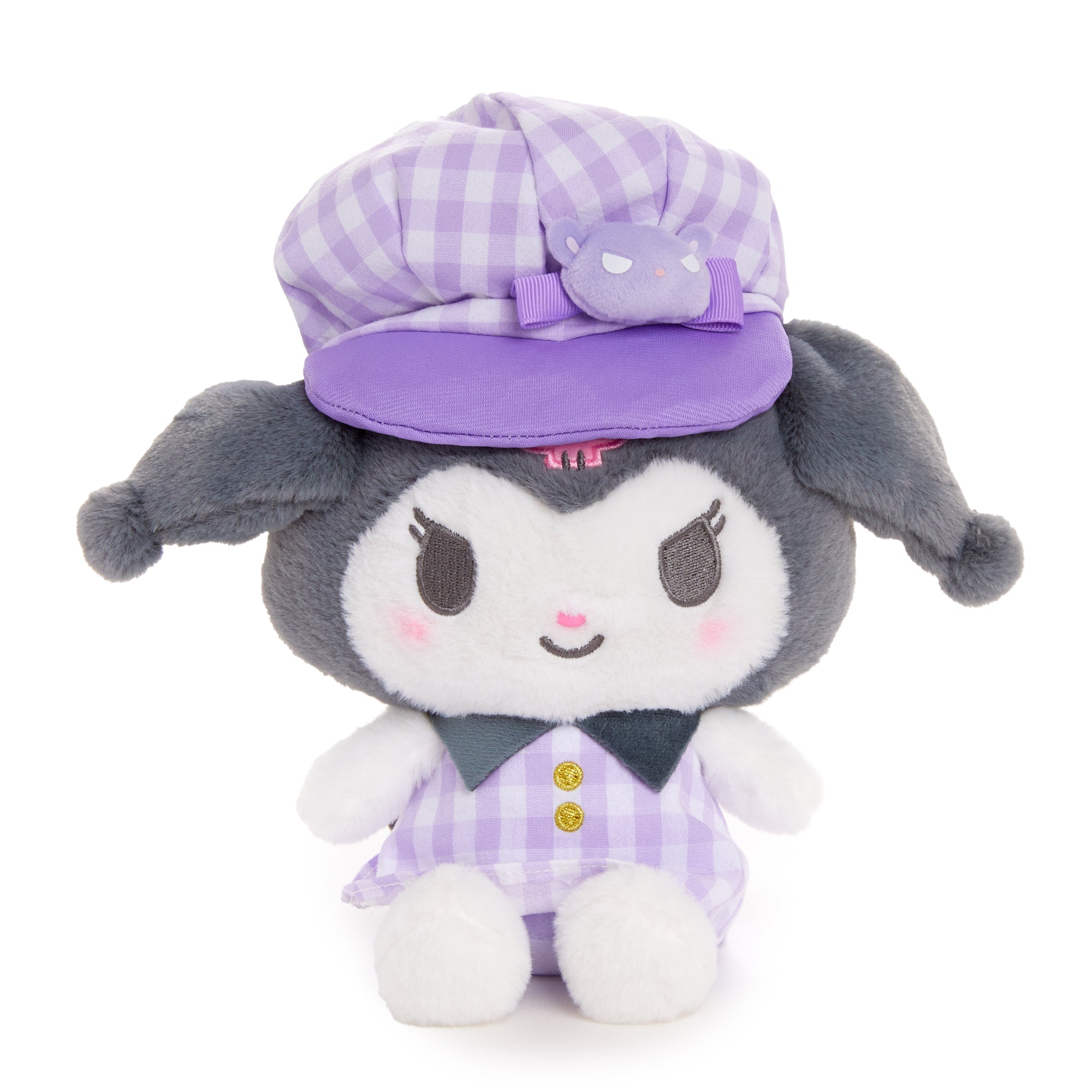 Gingham cap Kuromi plush toy from the side, showcasing its details.