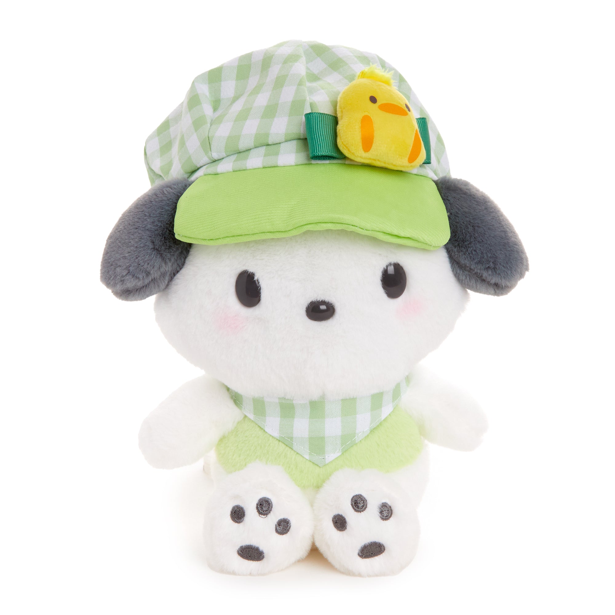 Close-up of Pochacco plush toy’s embroidered face details
