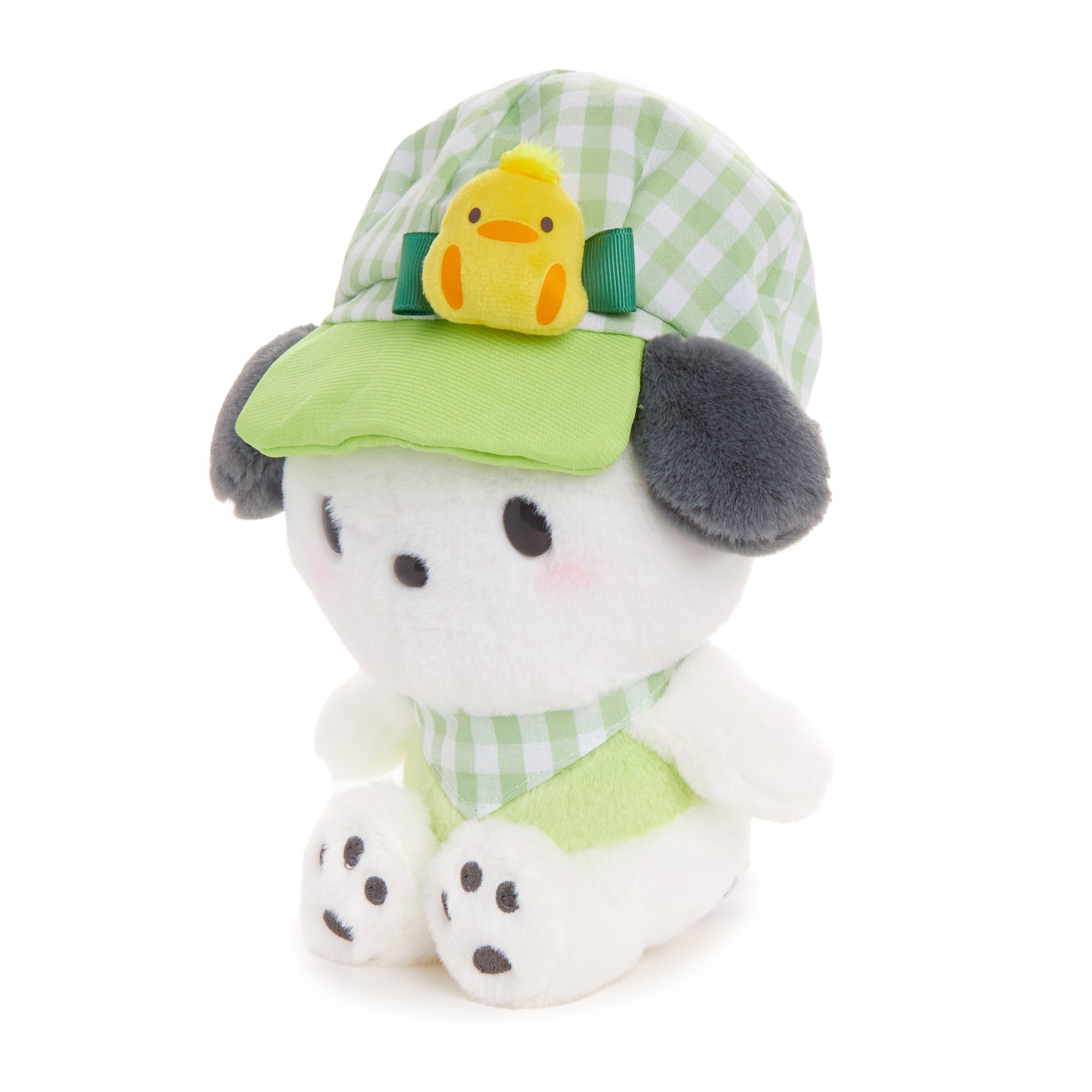 Pochacco collectible plush next to a coffee cup for scale