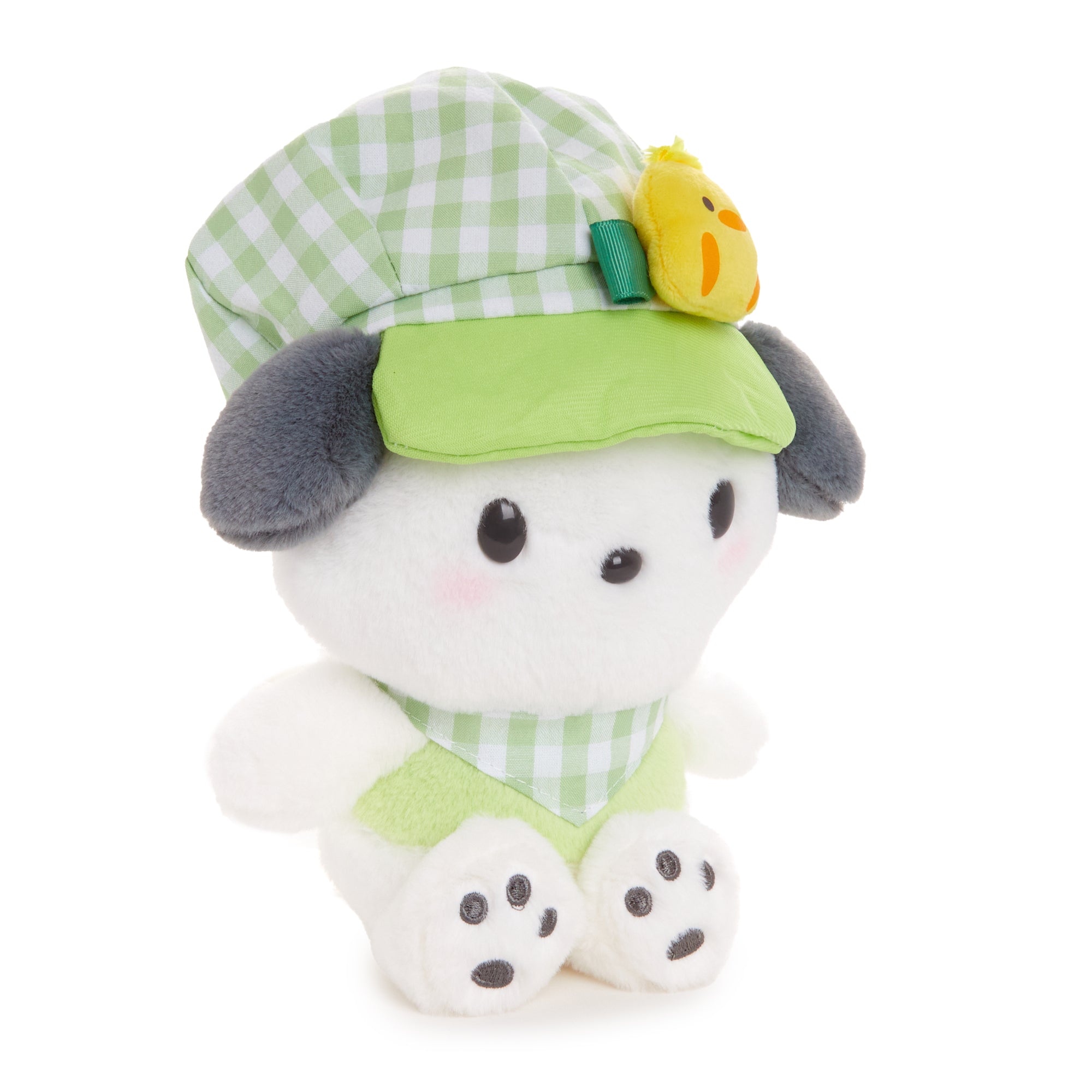 Close-up of Pochacco plush toy’s embroidered face details