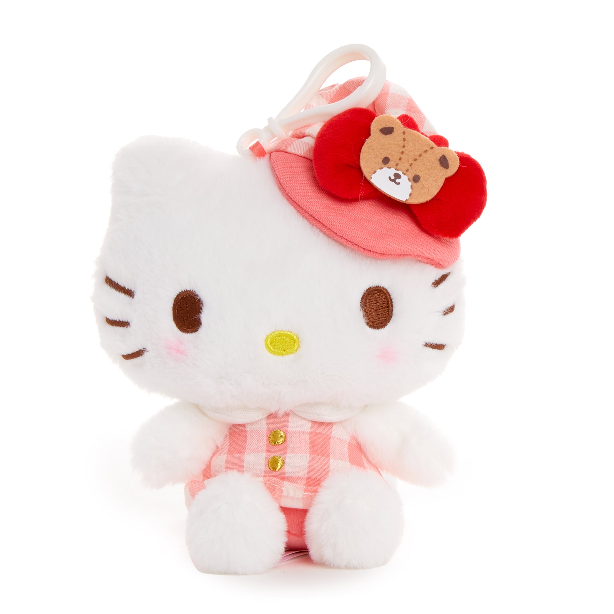 Hello Kitty plush mascot clip with gingham cap on a backpack strap