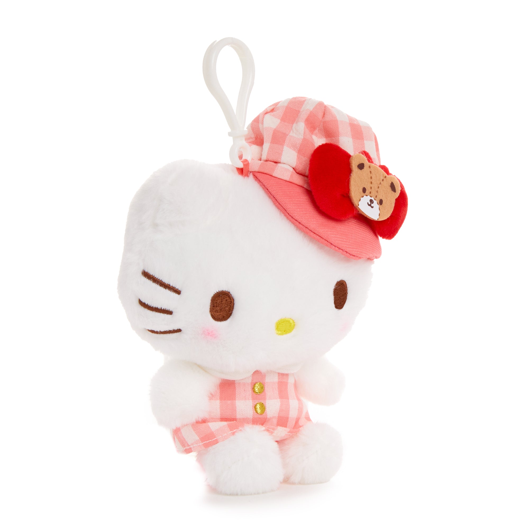Close-up of Hello Kitty gingham cap plush clip with embroidered details