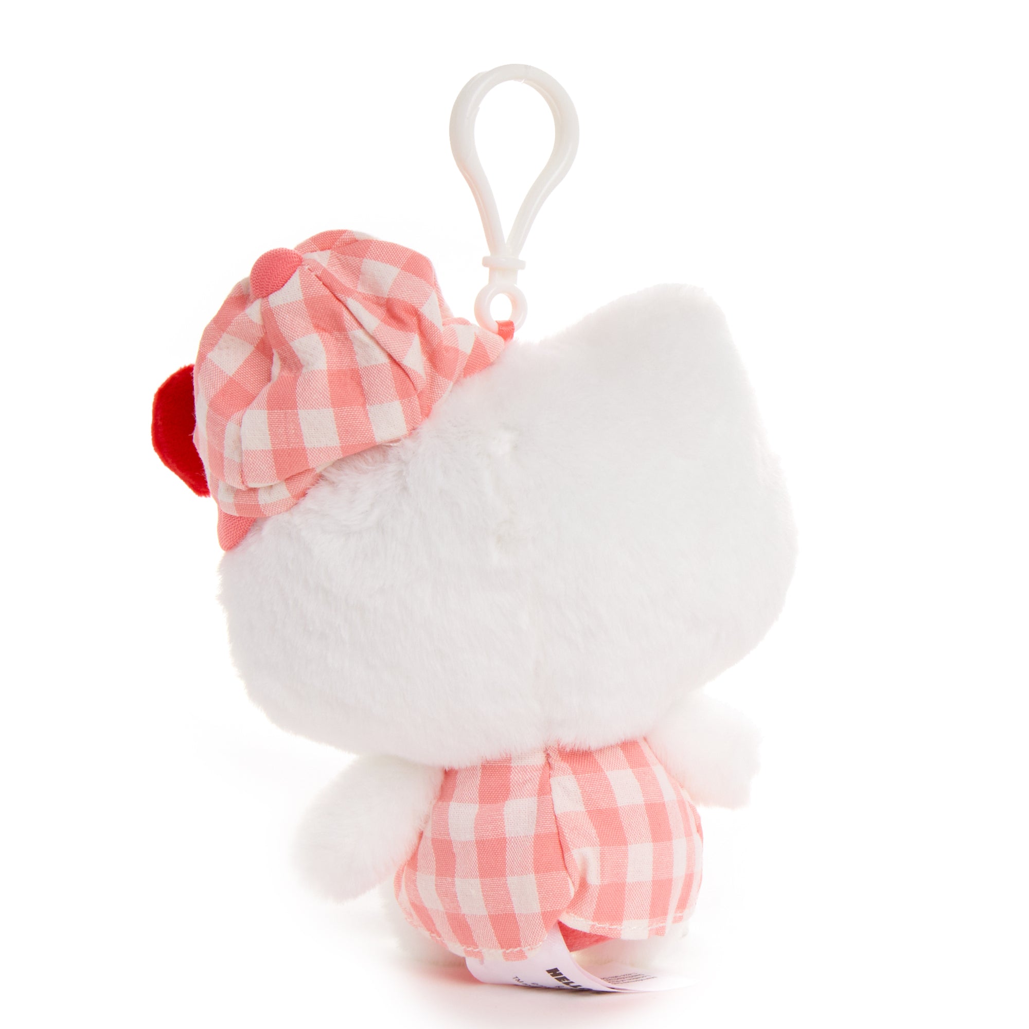 Hello Kitty plush mascot clip with gingham cap on a backpack strap