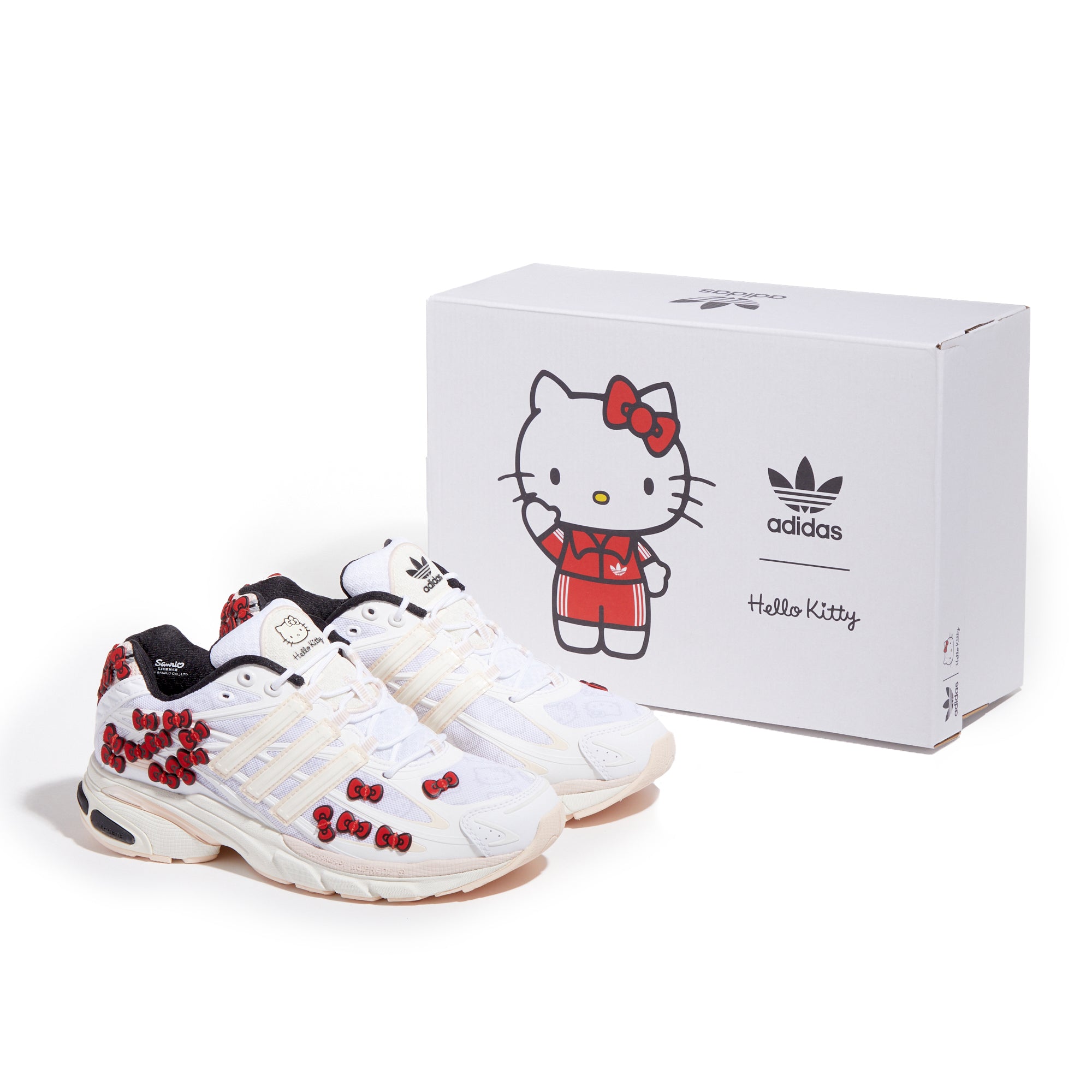 Top down shot of Hello Kitty x adidas shoes highlighting the bow-themed design