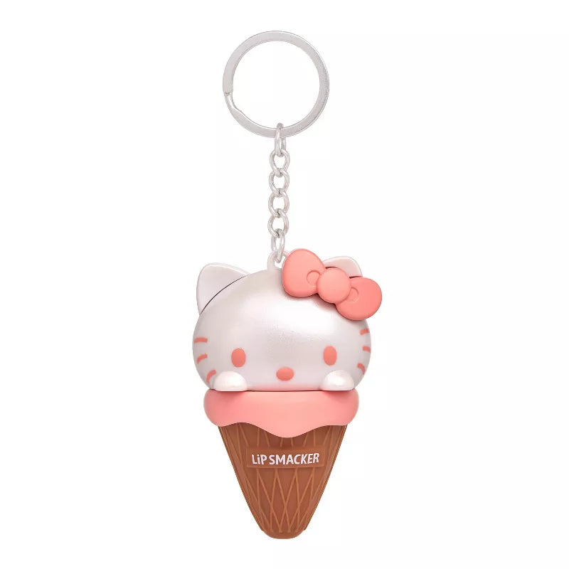 Close-up of Hello Kitty ice cream lip balm with sherbet flavor and cute design