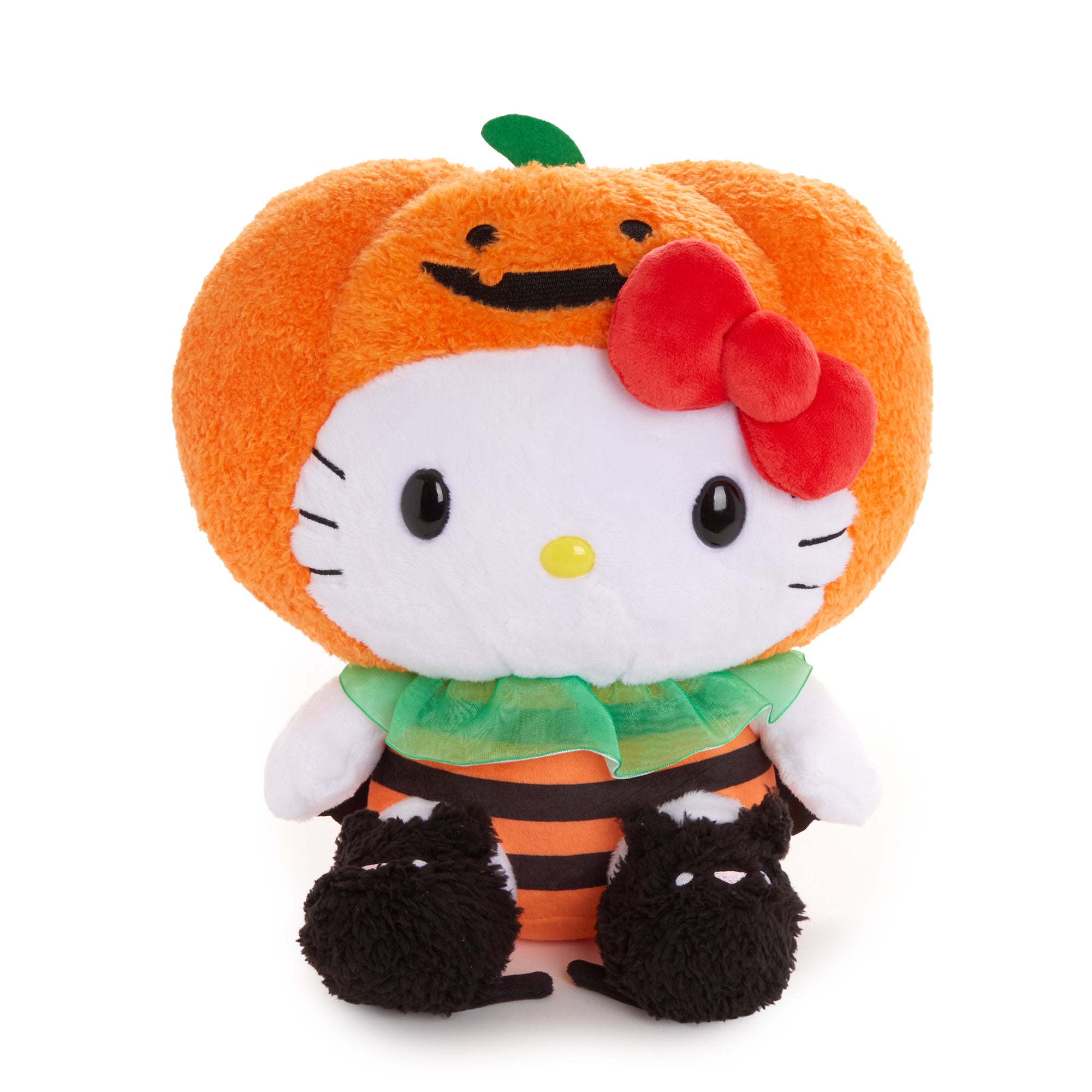 Hello Kitty plush toy in a pumpkin outfit with black cat slippers.