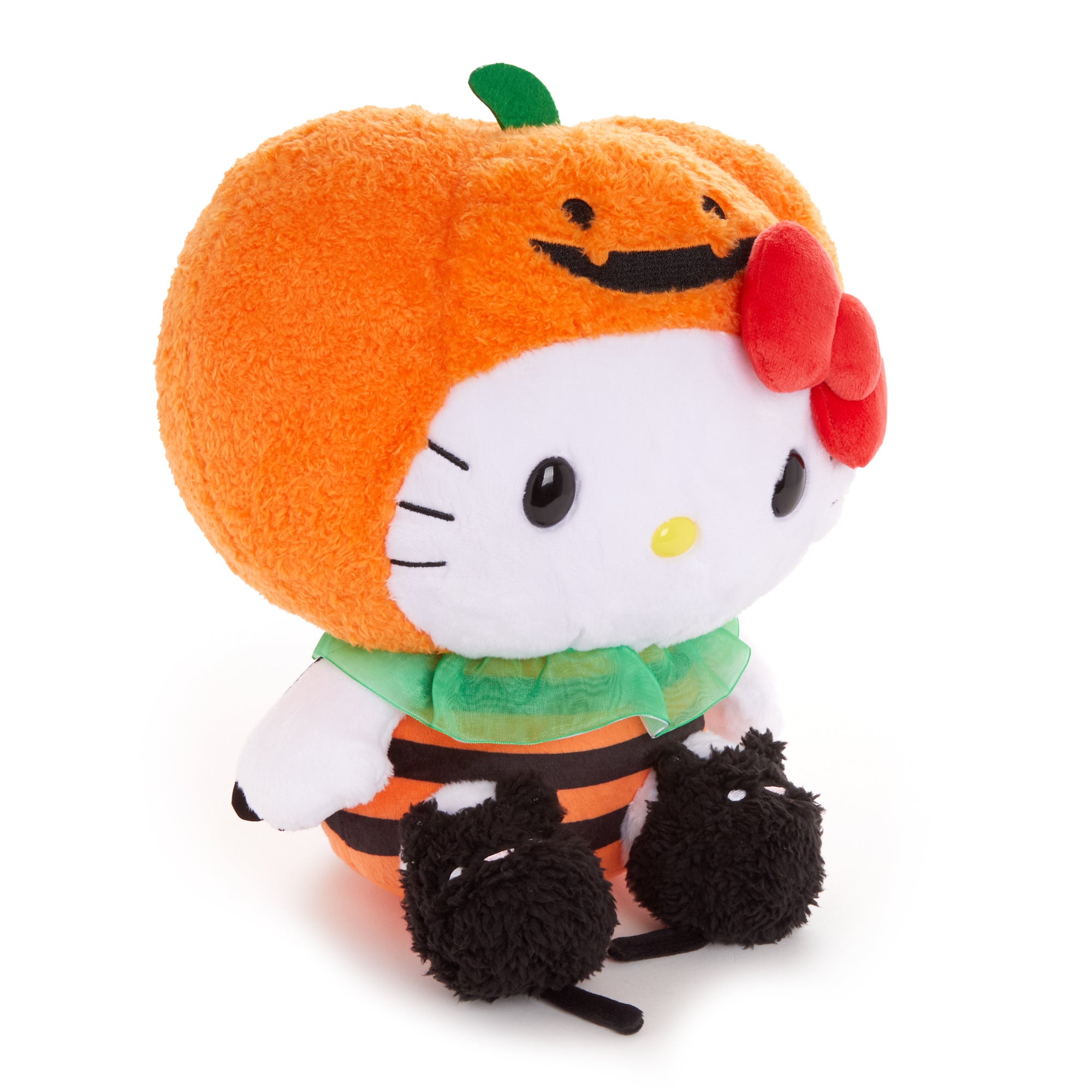 Hello Kitty plush toy in a pumpkin outfit with black cat slippers.