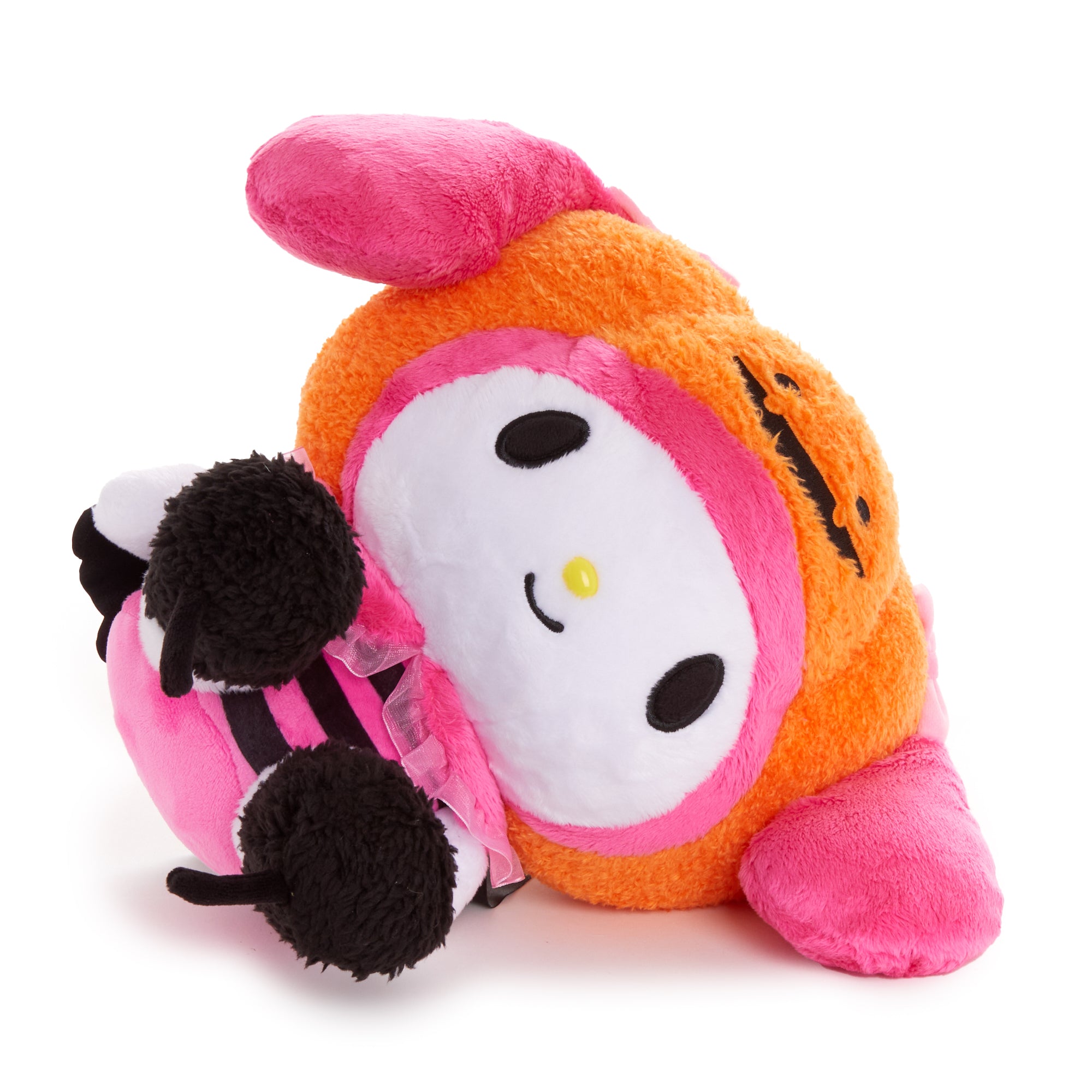 Close-up of My Melodys black cat slippers on the plush toy