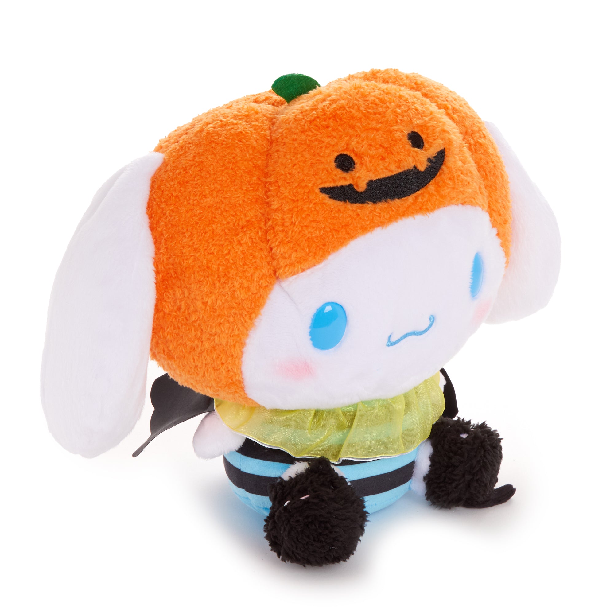 Cinnamoroll Halloween plush toy with ruffled tulle collar and striped outfit, side view