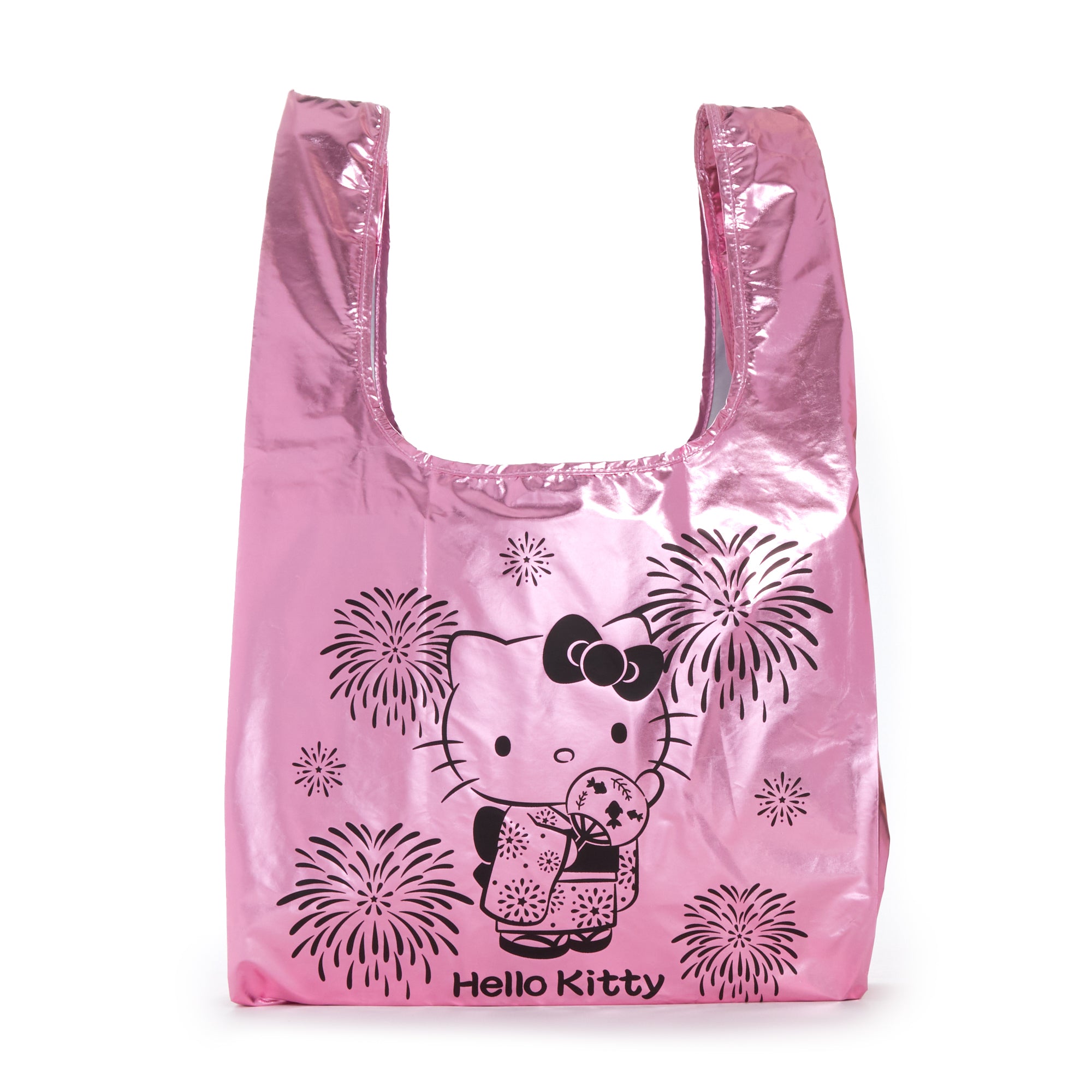 Front view of Hello Kitty Hanabi tote bag showcasing metallic print