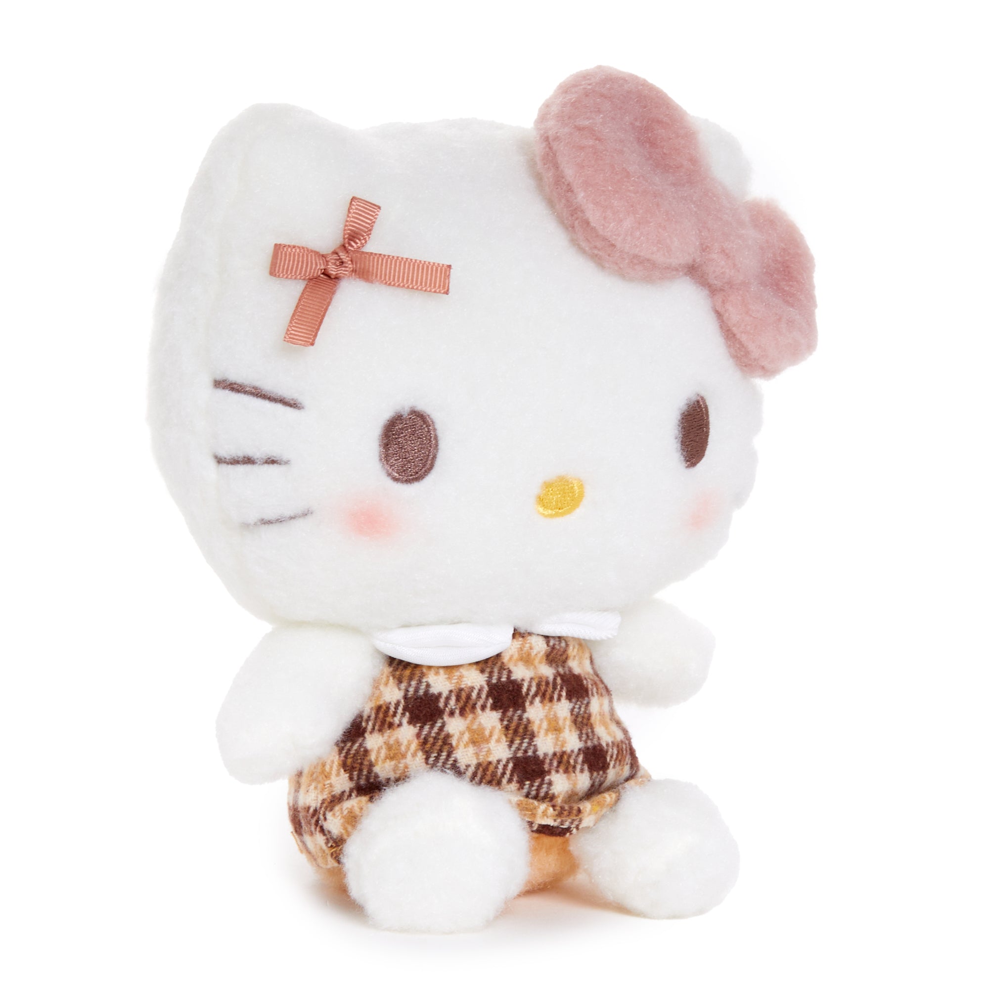 7 inch Hello Kitty plush from the Mocha Check Series, featuring checkered print and embroidered details