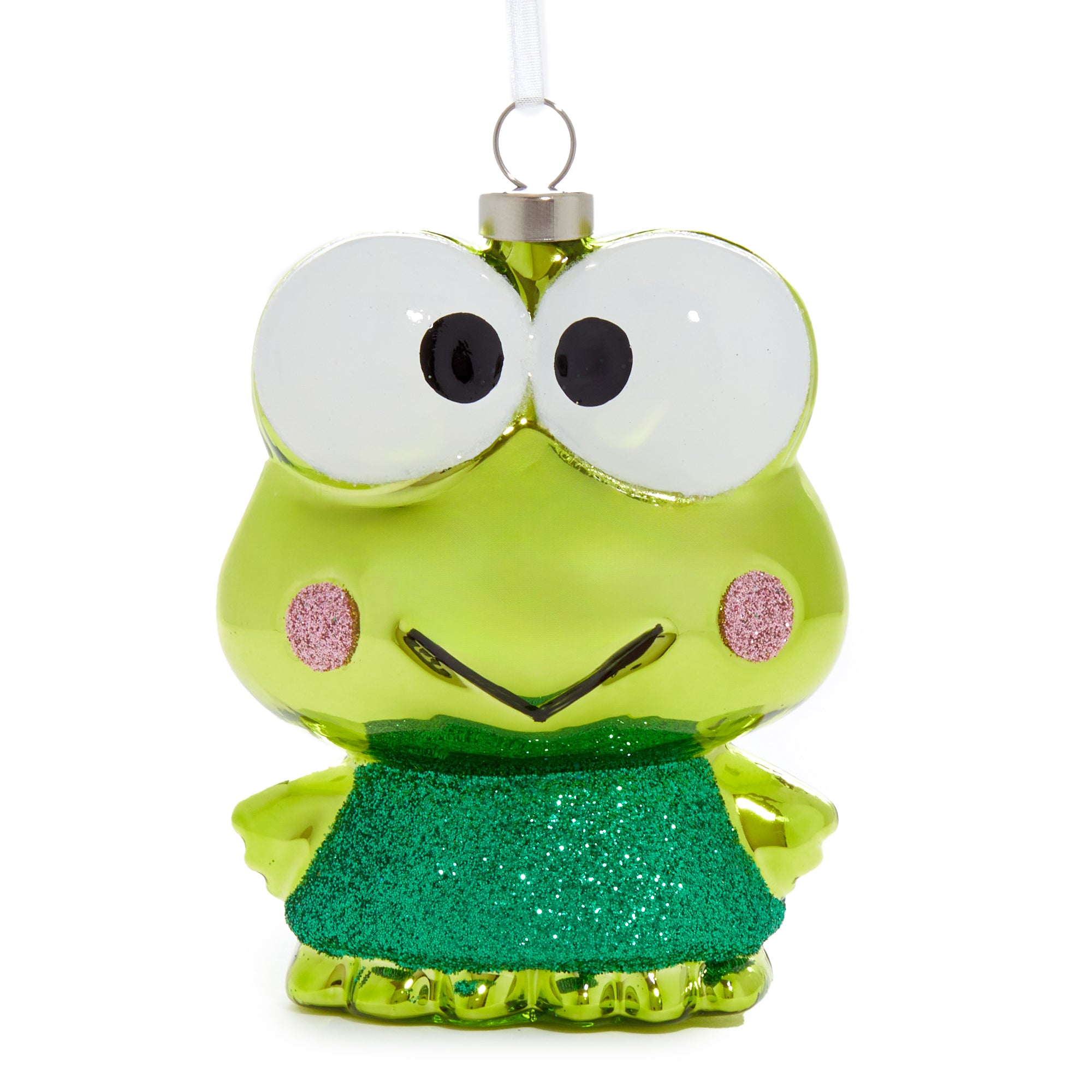 Front view of Keroppi Sanrio glass ornament hanging on a festive tree