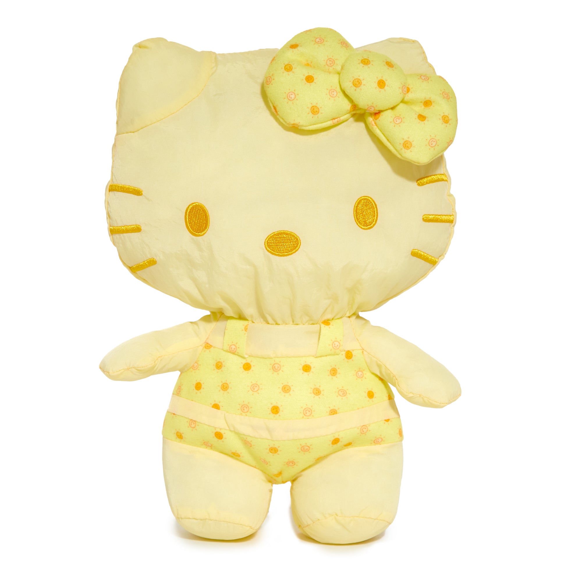 Close-up of Hello Kitty summer plush with monochromatic print accents