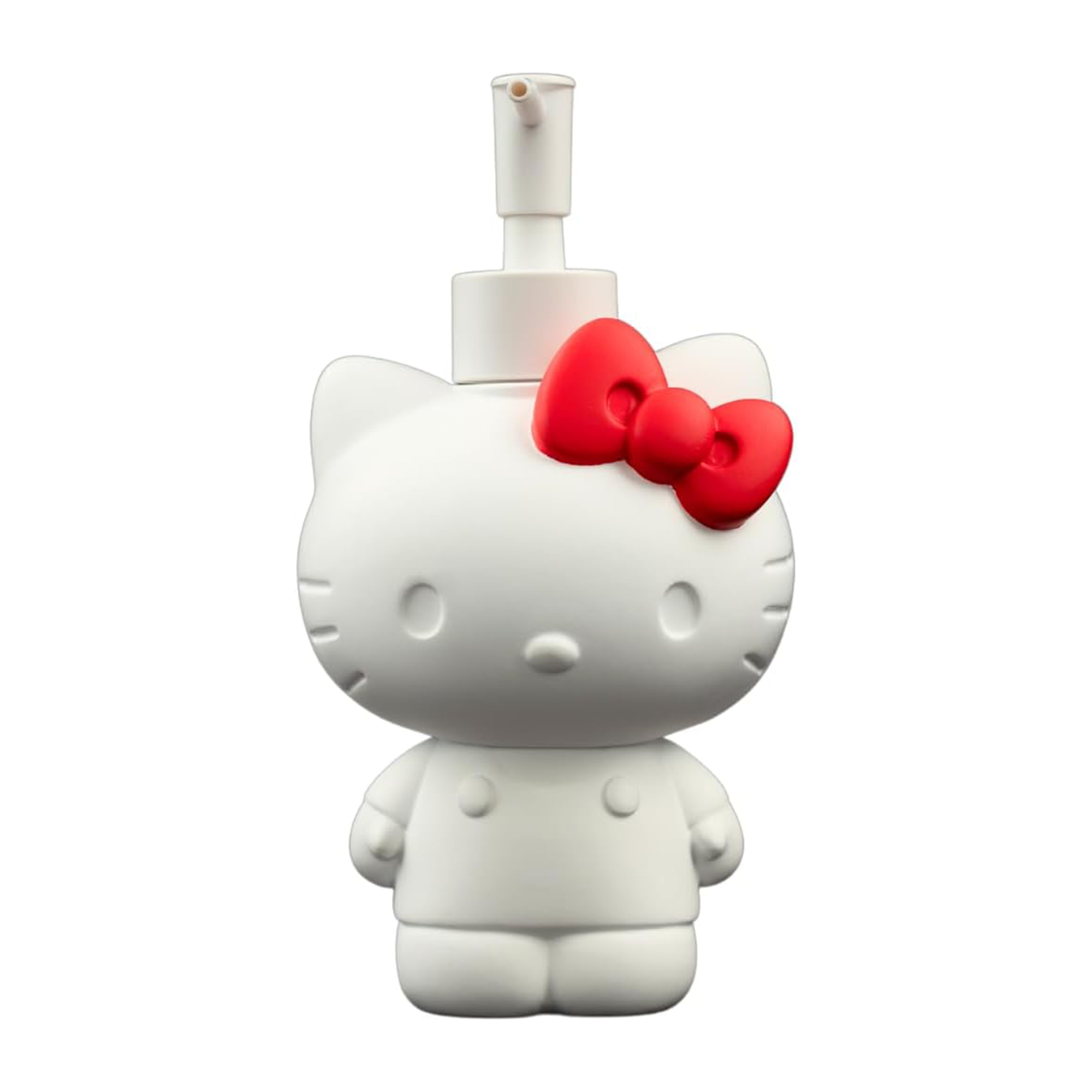 Close-up of Hello Kitty soap pump with matte finish and bow.