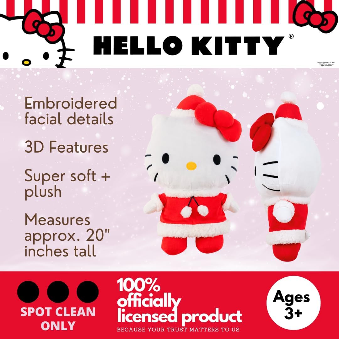 Big Hello Kitty plush cuddle pillow on a childs bed, perfect for snuggling.