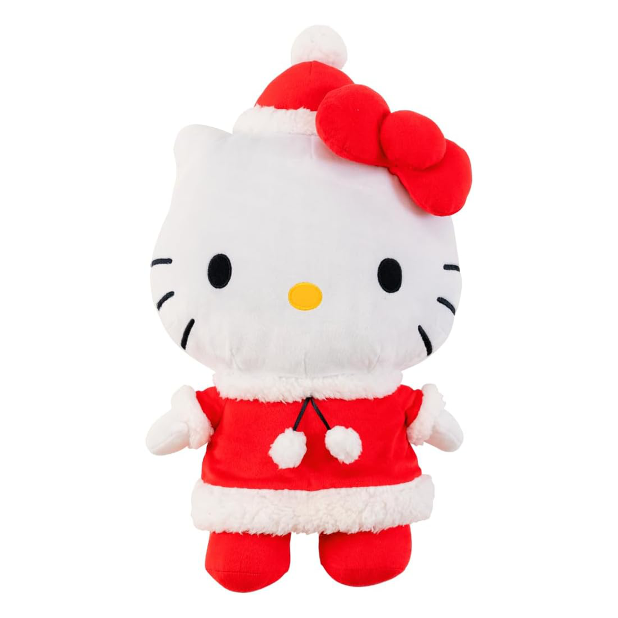 Hello Kitty plush cuddle pillow in festive Santa outfit on a cozy couch.