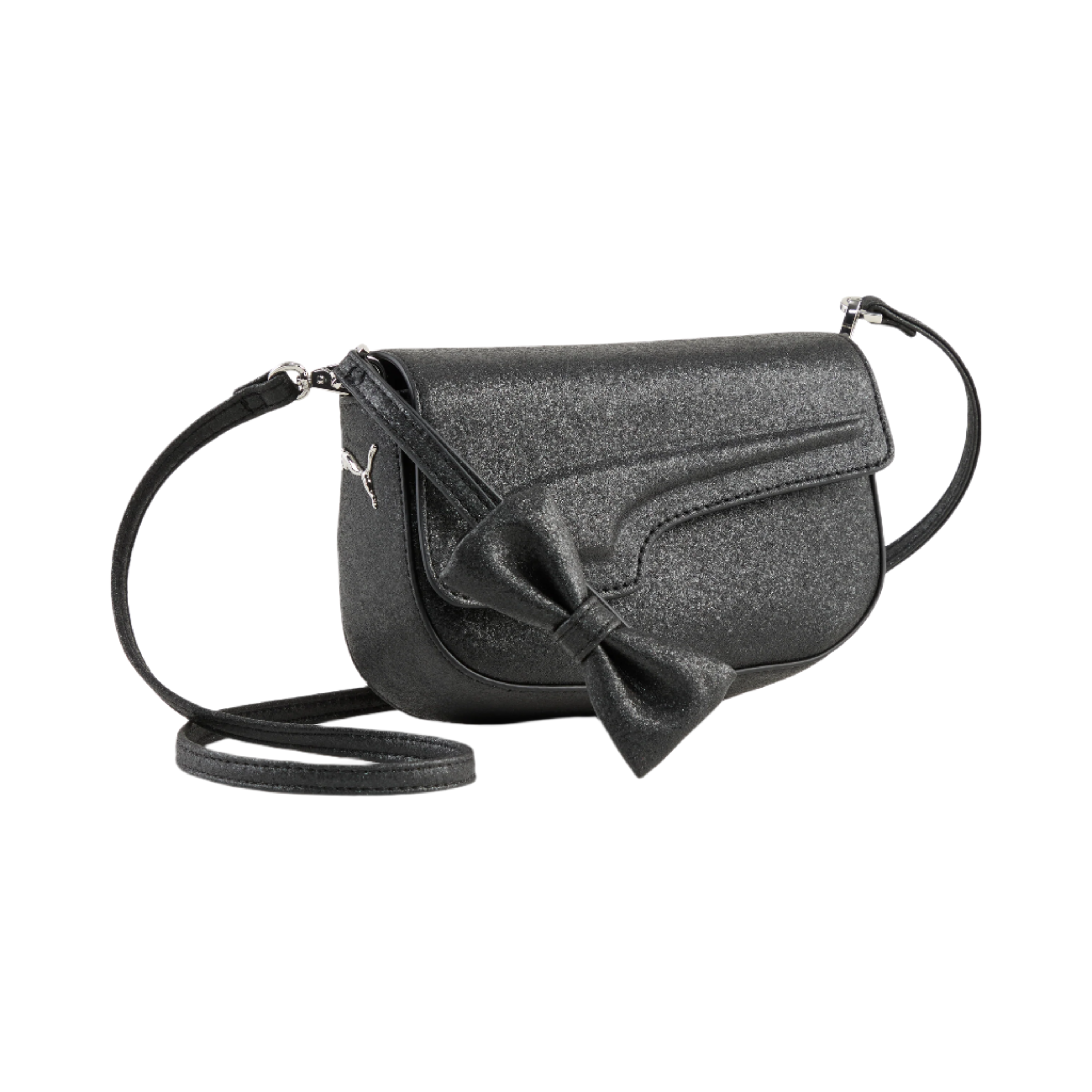 Hello Kitty PUMA mini hobo bag in black, front view with push clasp and silver hardware