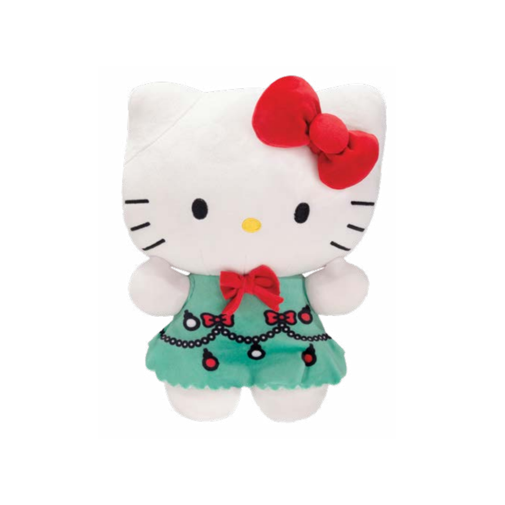 Close-up of Hello Kitty gift plush embroidery details and red bow