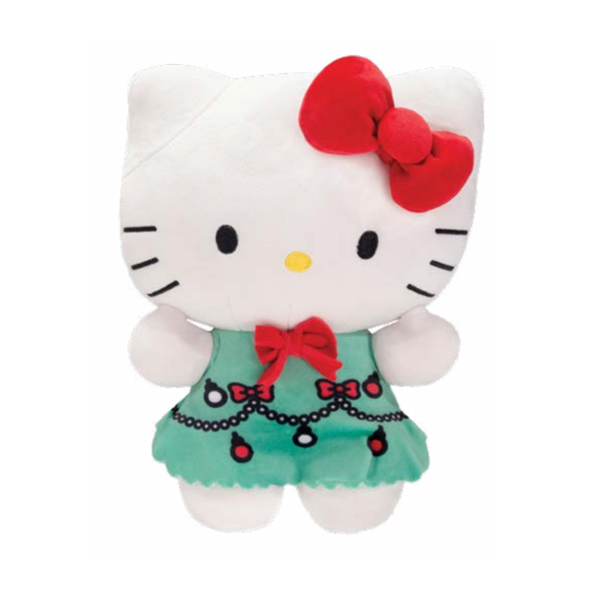 Front view of Hello Kitty plush with holiday outfit, ideal for Hello Kitty gifts