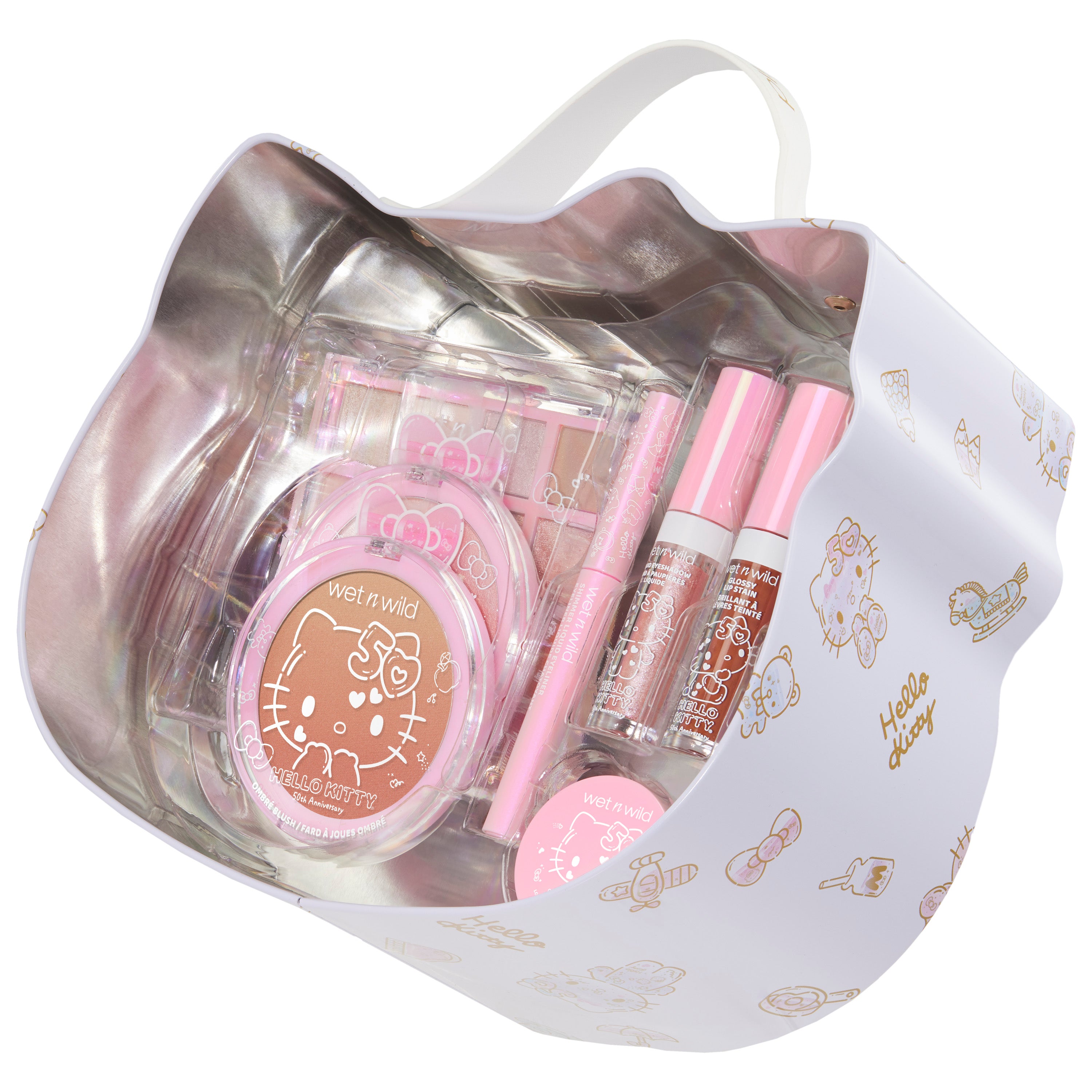 Close-up of Hello Kitty makeup brushes featuring colorful designs.