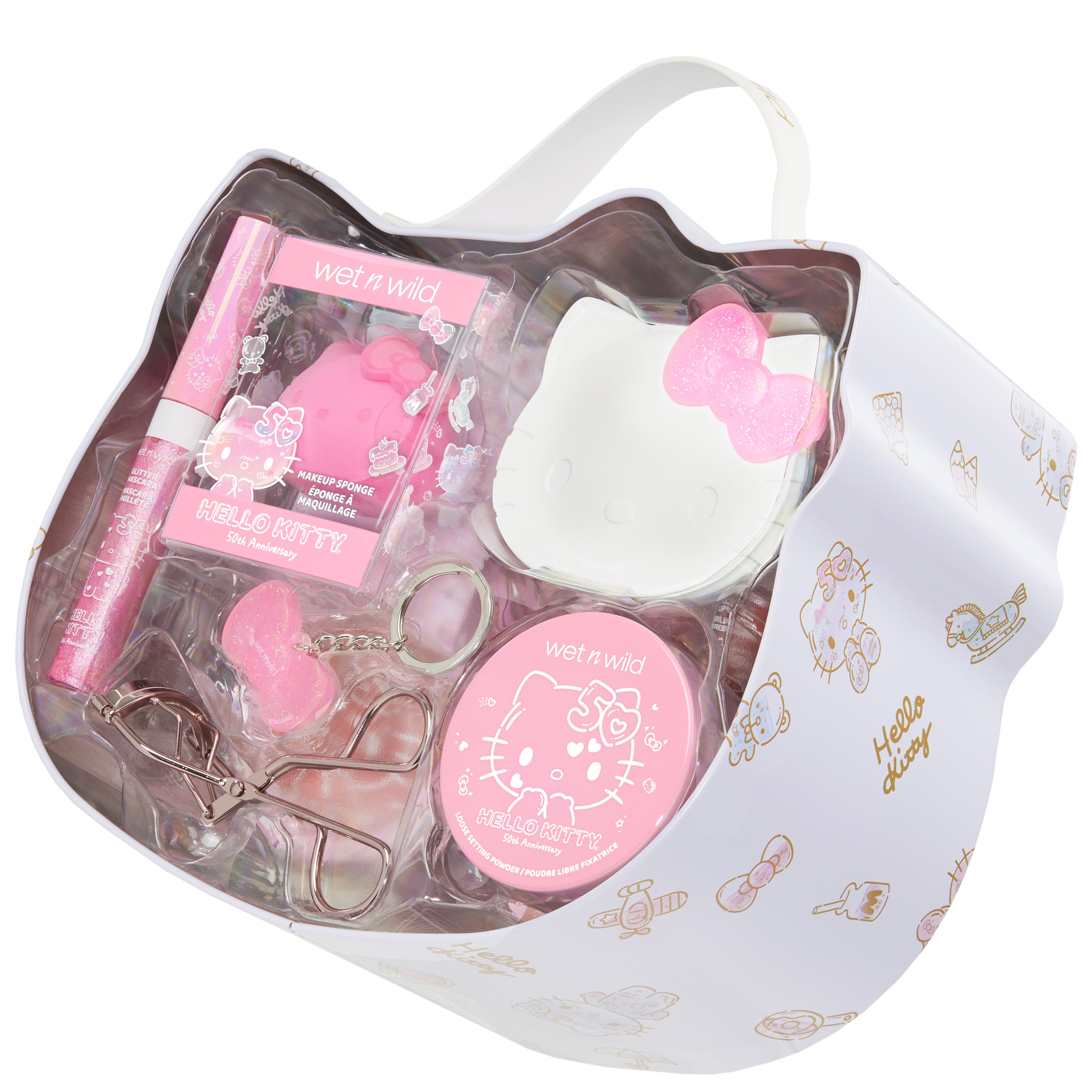 Two-layer Hello Kitty makeup case with exclusive products displayed.