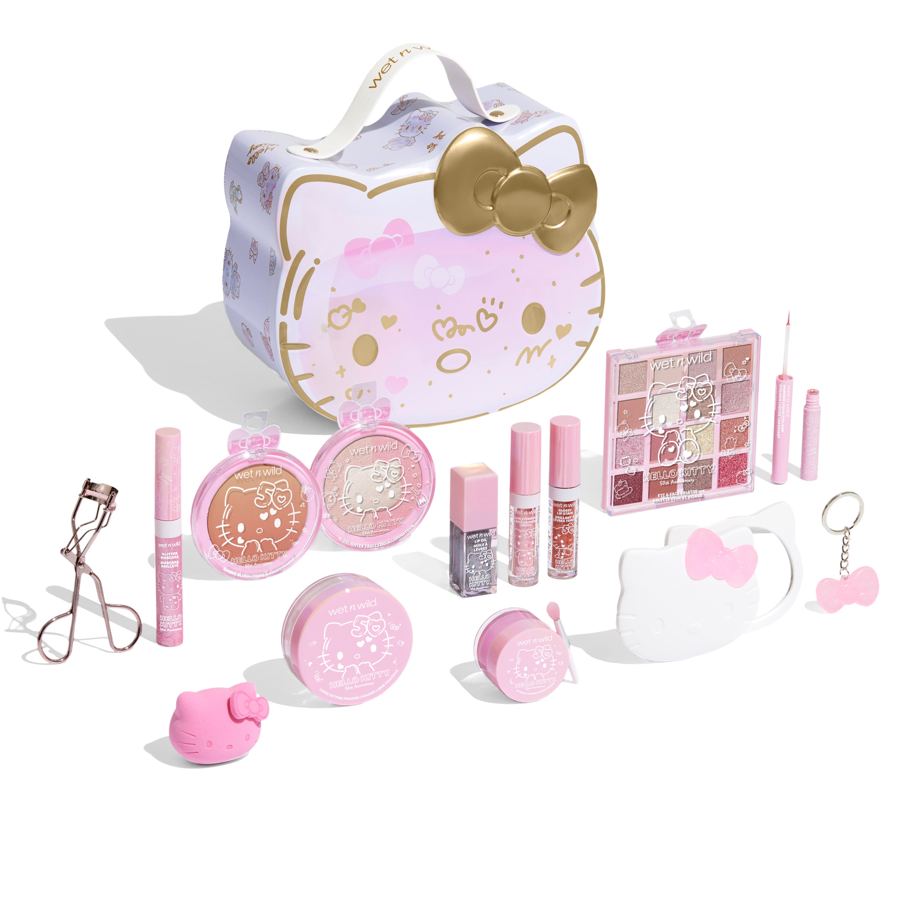 Close-up of Hello Kitty makeup brushes featuring colorful designs.