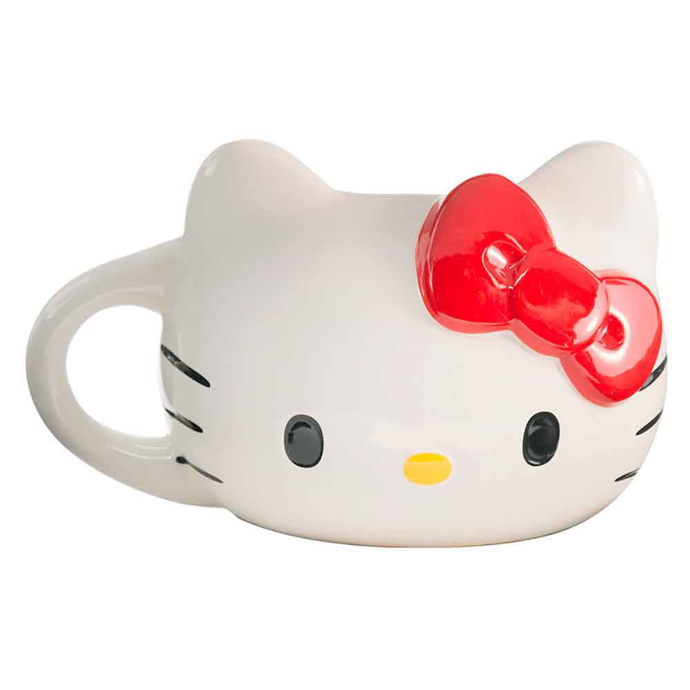 Hello Kitty ceramic coffee mug with sculpted design, filled with coffee