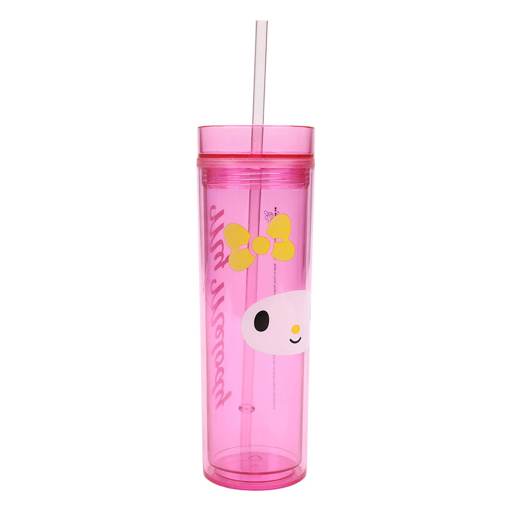 Close-up of the My Melody tumbler lid and straw showing twist-off feature.