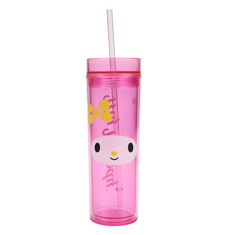 My Melody 16oz tumbler held near a coffee shop, showcasing its size