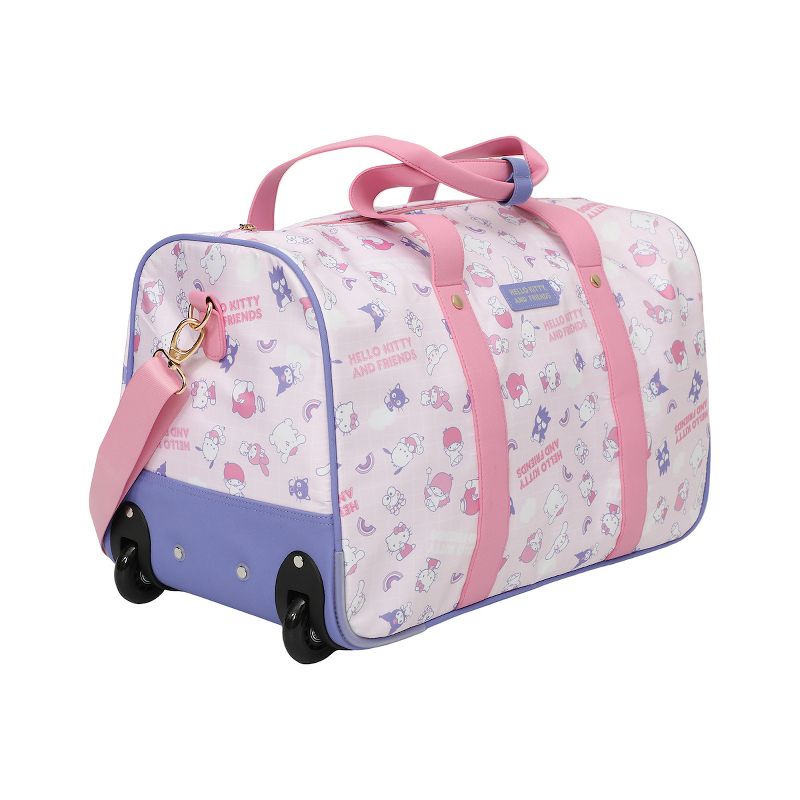 Side angle showing wheels and telescopic handle of Sanrio luggage